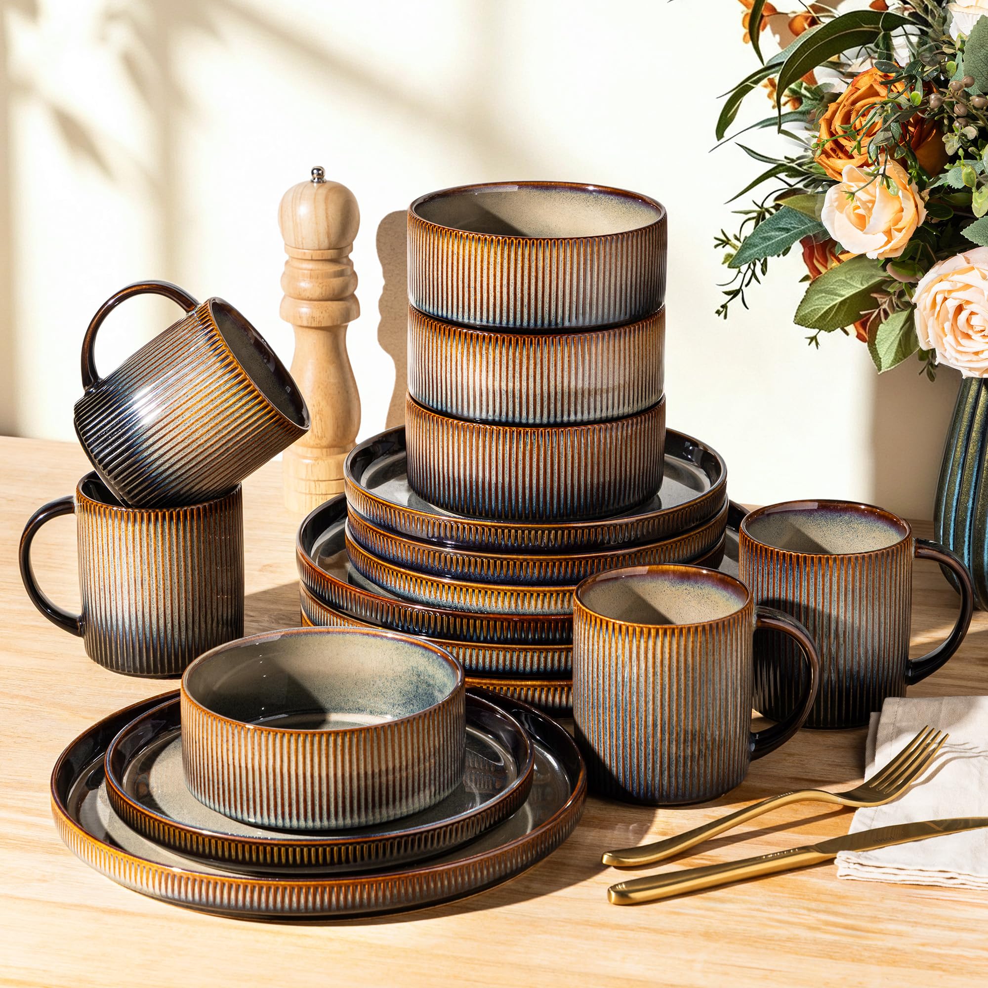 TheTerra Ceramic Dinnerware Set for 4, 16-Piece Plates and Bowls Set