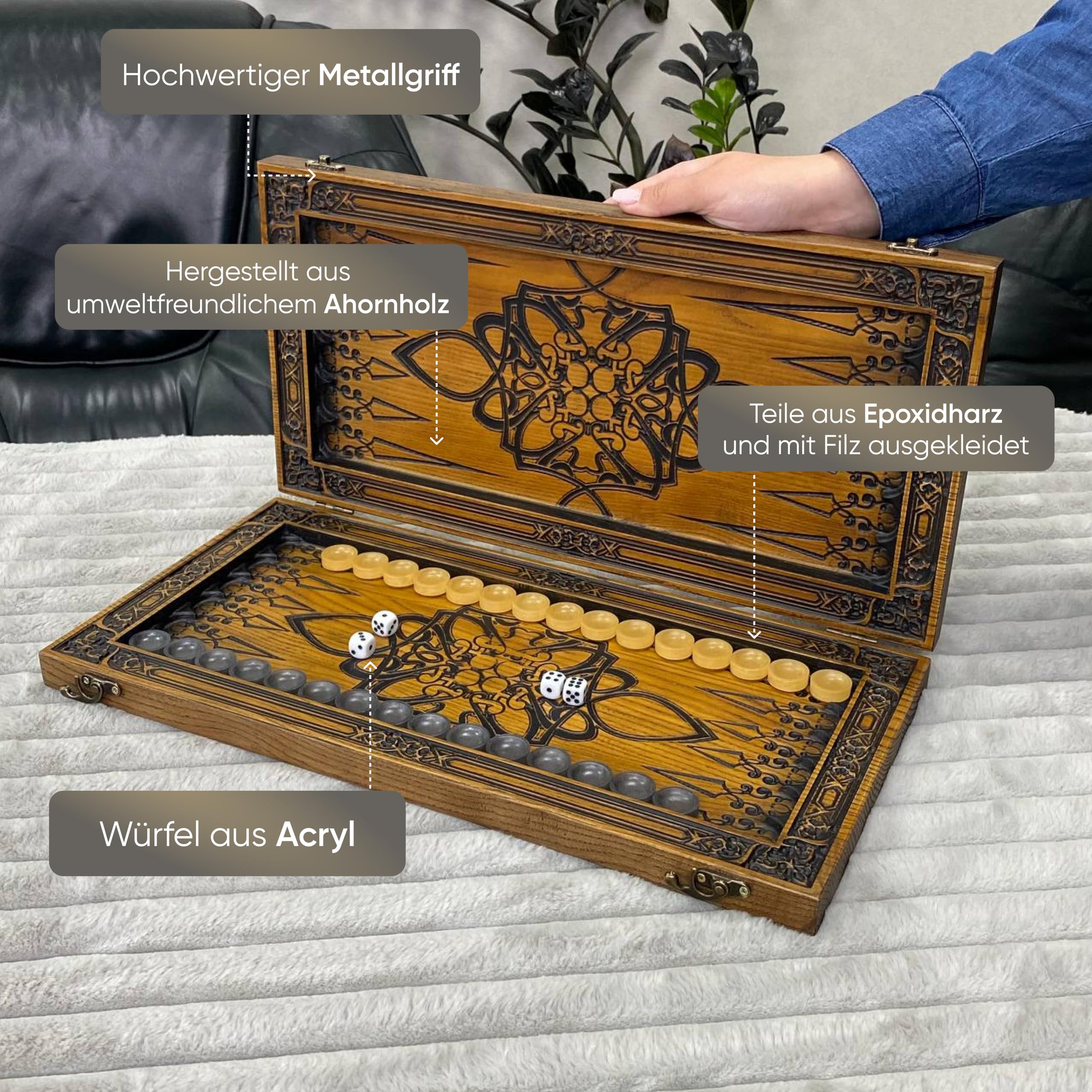 Backgammon aus Eschenholz – Davidstern Gravur – 48×23 cm – Handgefertigtes Set mit Epoxid-Spielsteinen – Geschenkidee für Kenner „Davidstern“ (2 Design)