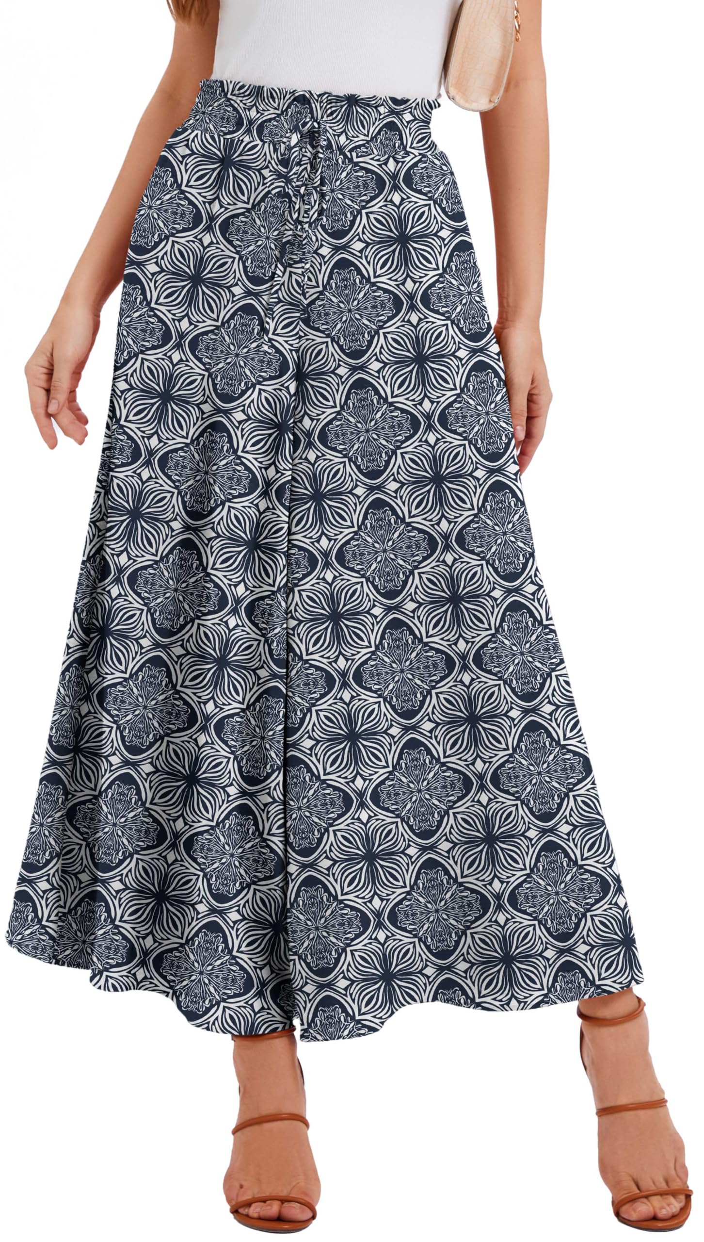 WUWUSKY Sommerhose Damen Leicht Lässige Palazzo Hose Elegant High Waist Baggy Freizeithose mit 2 Taschen