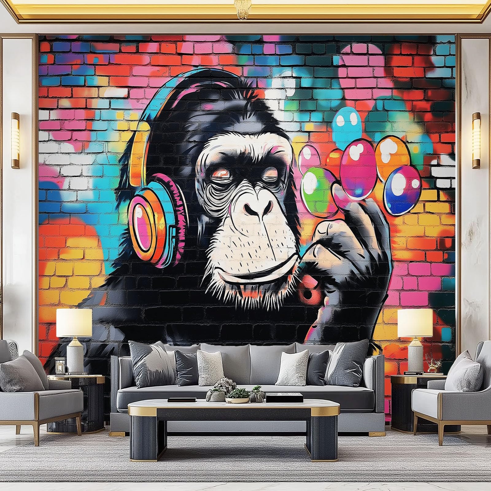 Papel pintado no tejido 350 x 256 cm, Grafiti De Dibujos Animados De Chimpancé Póster de pared gigante para decoración de habitación infantil, niño, niña y adolescente Vistoso
