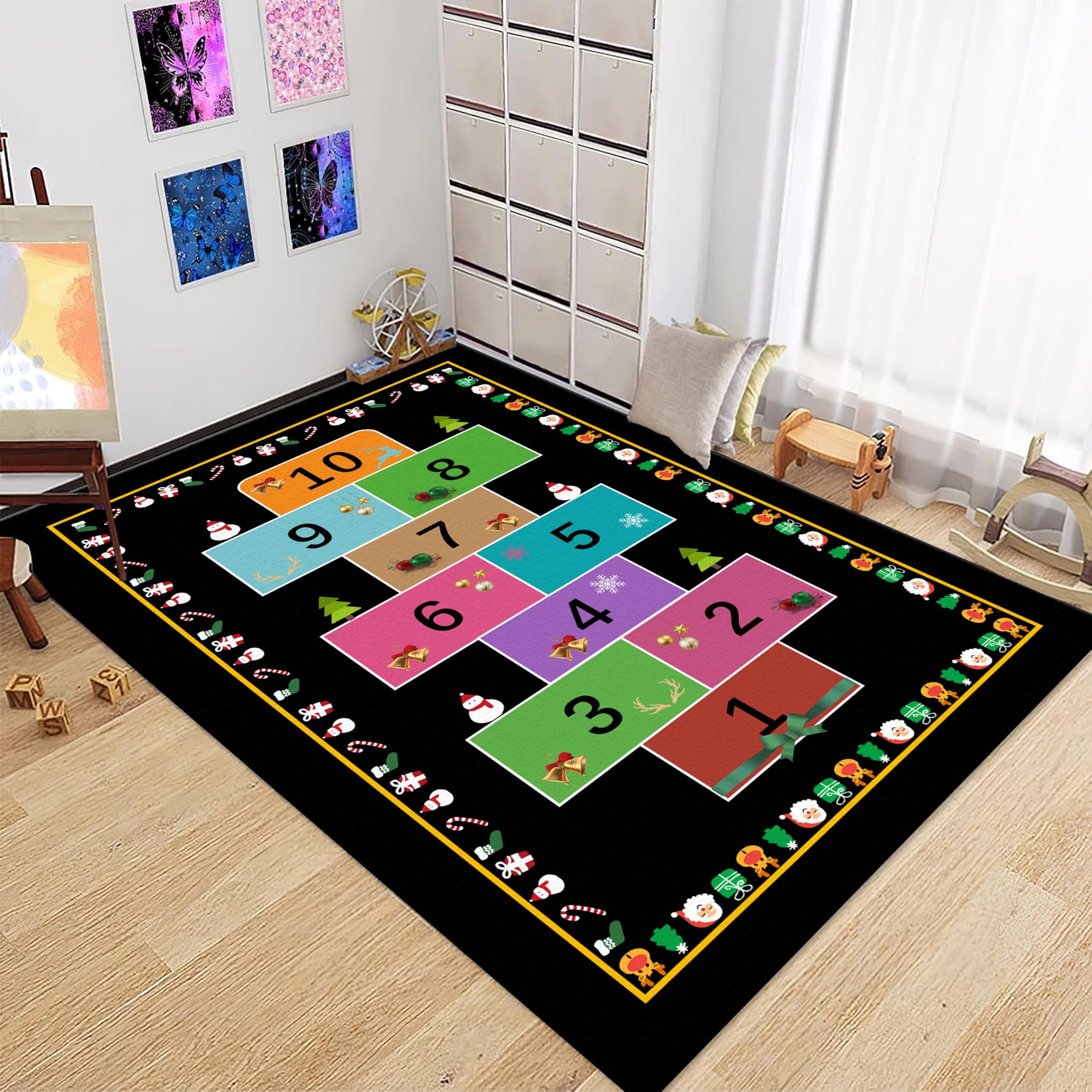 PDENZG Kids Area Rugs, 100x150cm,Christmas Play Mat Hopscotch Rug, Learn Alphabet Numbers Colors Rug，Non-Slip Washable Toddler Room Crawling Mat Decorative Carpet for Kids Bedroom Playroom Classroom