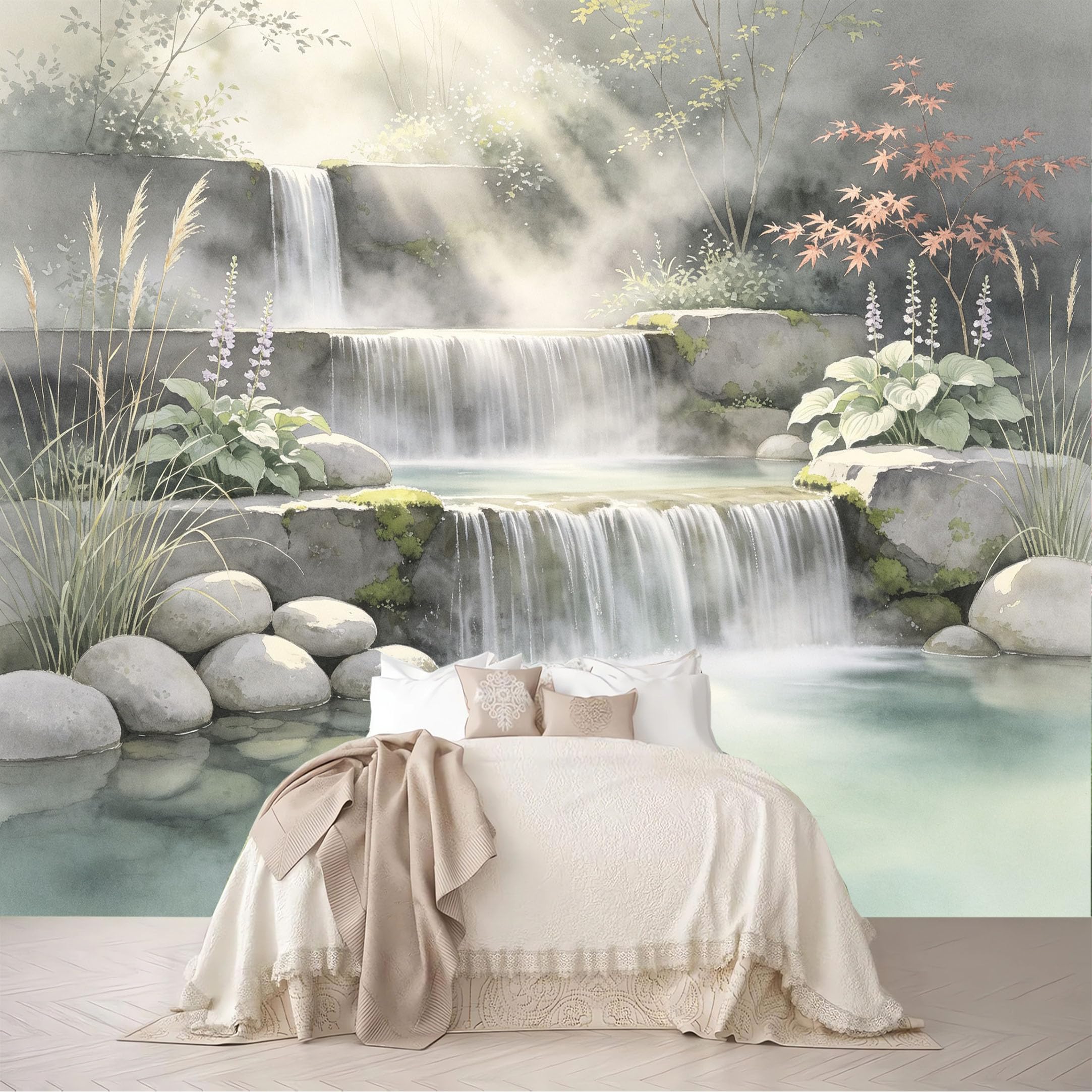 Custom Size Wall Mural Oriental Tiered Waterfall Garden Watercolor Landscape Removable Self Adhesive Peel and Stick Wallpaper for Bedroom Living Room