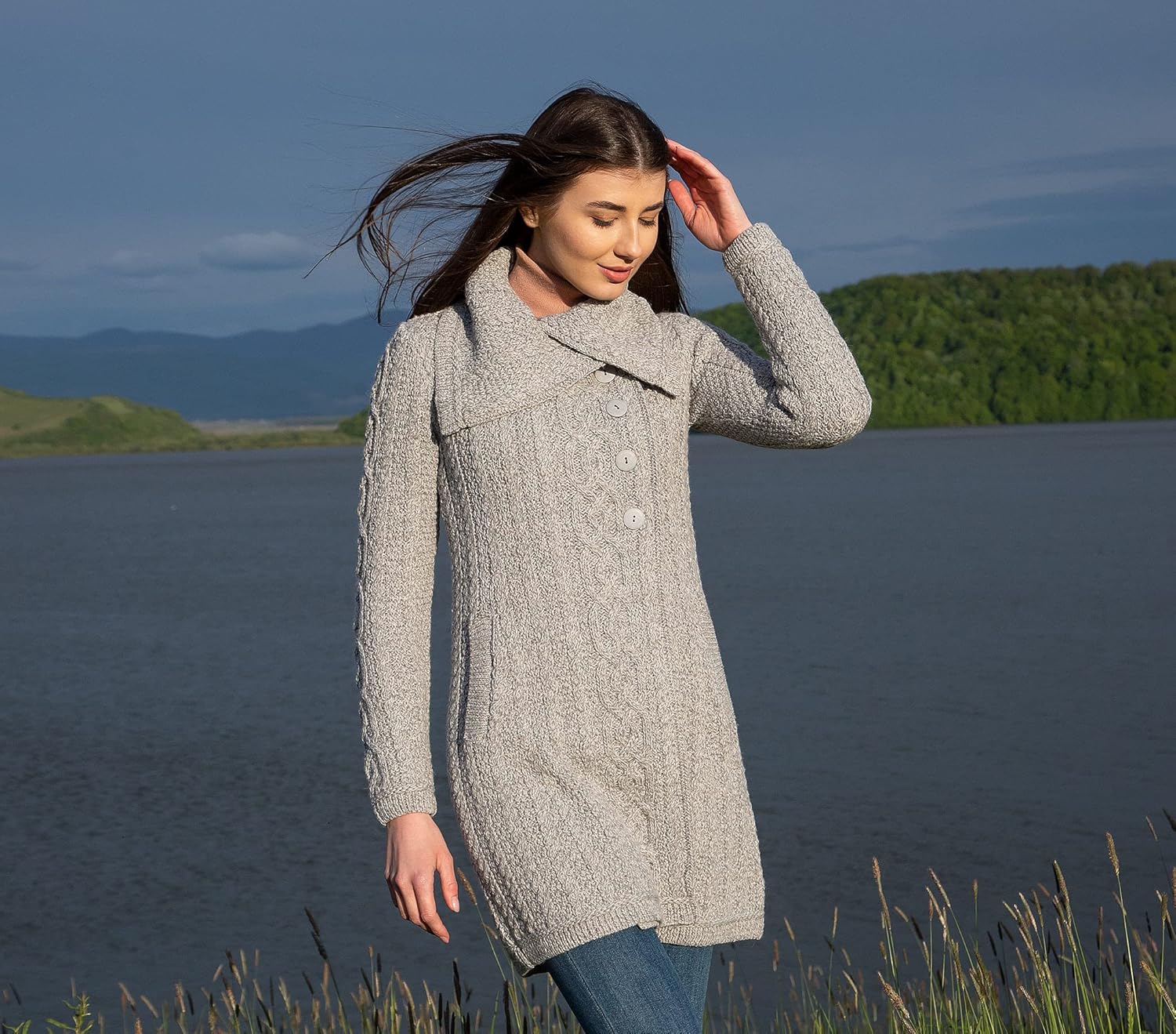 SAOL Irish Cardigan Sweater for Women with Side Pockets and Oversized Collar - Soft Merino Blend