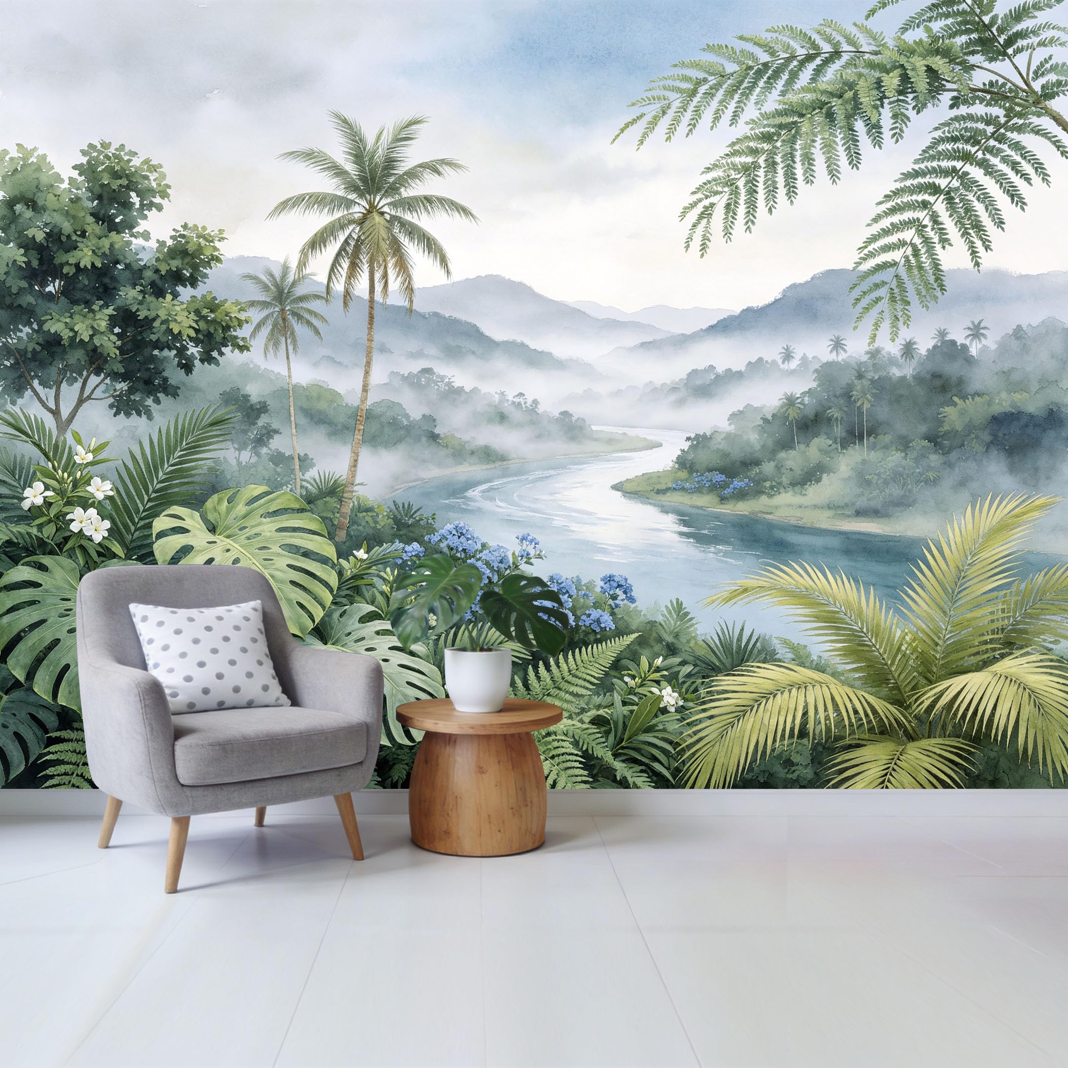 Custom Size Wall Mural Tropical Rainforest River Landscape Watercolor Botanical Style Removable Self Adhesive Fabric Home Wall Decor for Living Room Bedroom Bathroom