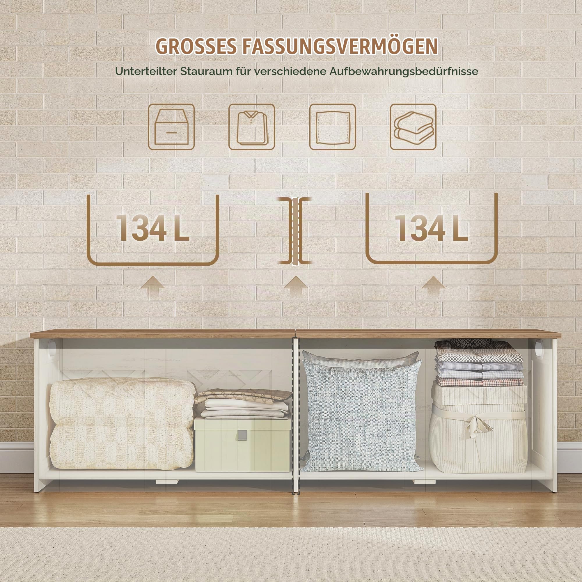 Hzuaneri Schuhbank mit Stauraum, 150 cm, Weiß Braun, Landhausstil | Sitztruhe, 2 Sicherheitsscharniere, 40 x 150 x 48,5 cm, für Flur, Schlafzimmer, Wohnzimmer, SB51514X