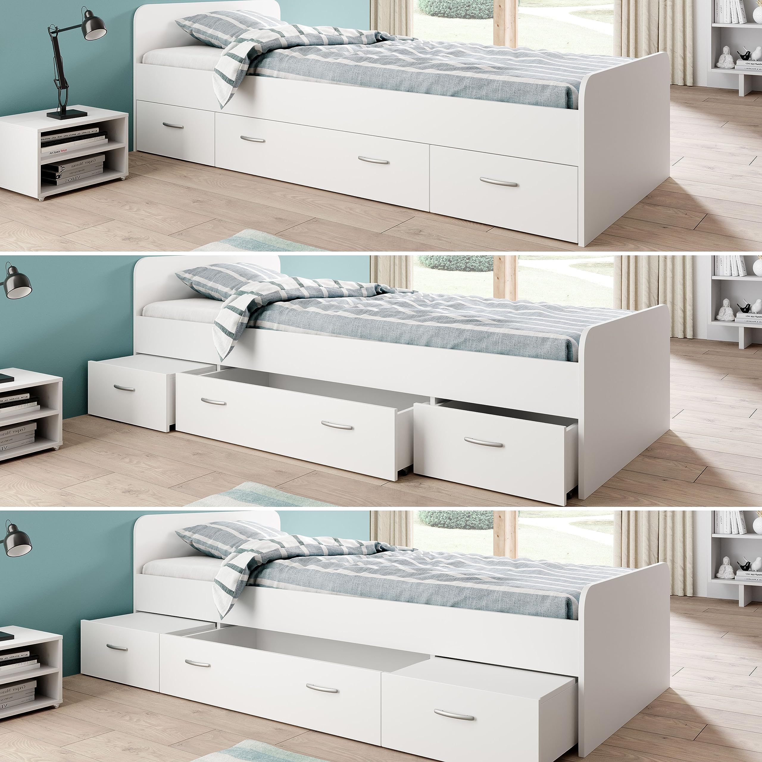 Boro Modernes Einzelbett mit 3X Schubkästen 90 x 200 cm - Praktisches Jugendzimmer Kojenbett in Weiß - 95 x 66 x 204 cm (B/H/T)