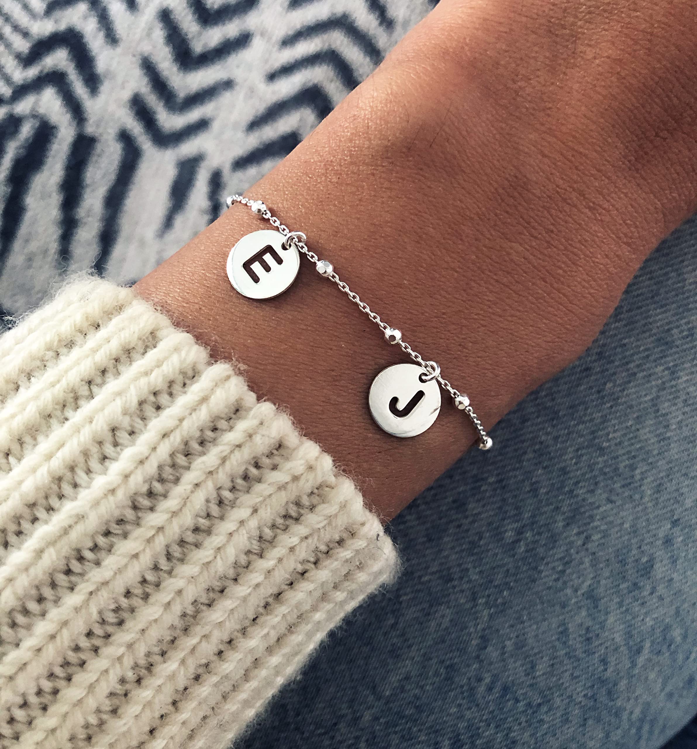 Pulsera con Inicial Mujer Plata de Ley 925, Pulsera de Bolitas Personalizadas con Letras a Elegir A-Z, Regalo para Mama, Hermana, Niña