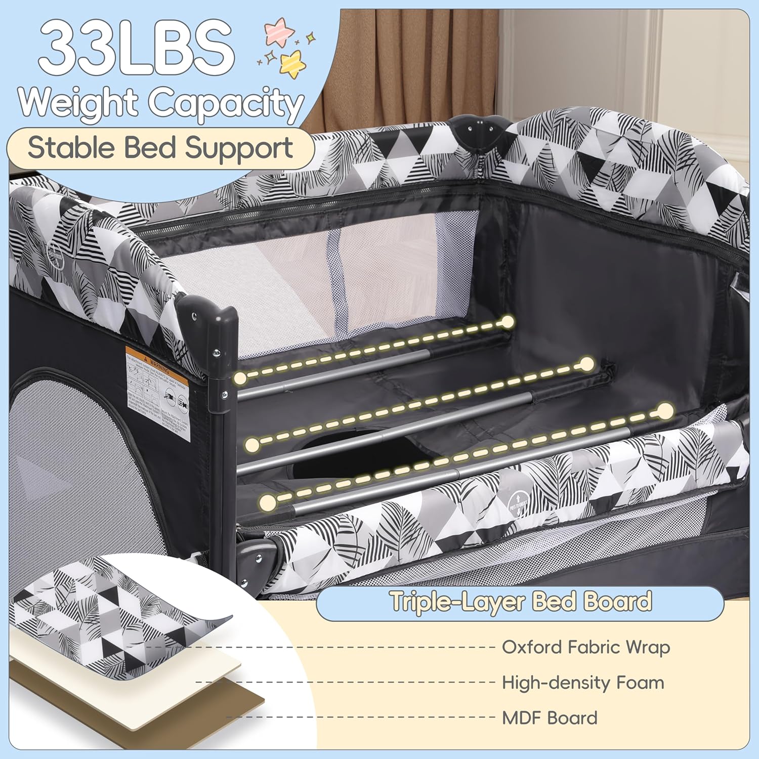 Xilingol 5-in-1 Pack and Play with Changing Table, Baby Bassinet Bedside Sleeper with Storage Bag & Music Box, Portable Baby Crib with Carry Bag, Foldable Playard with Bassinet for Newborn to Toddlers