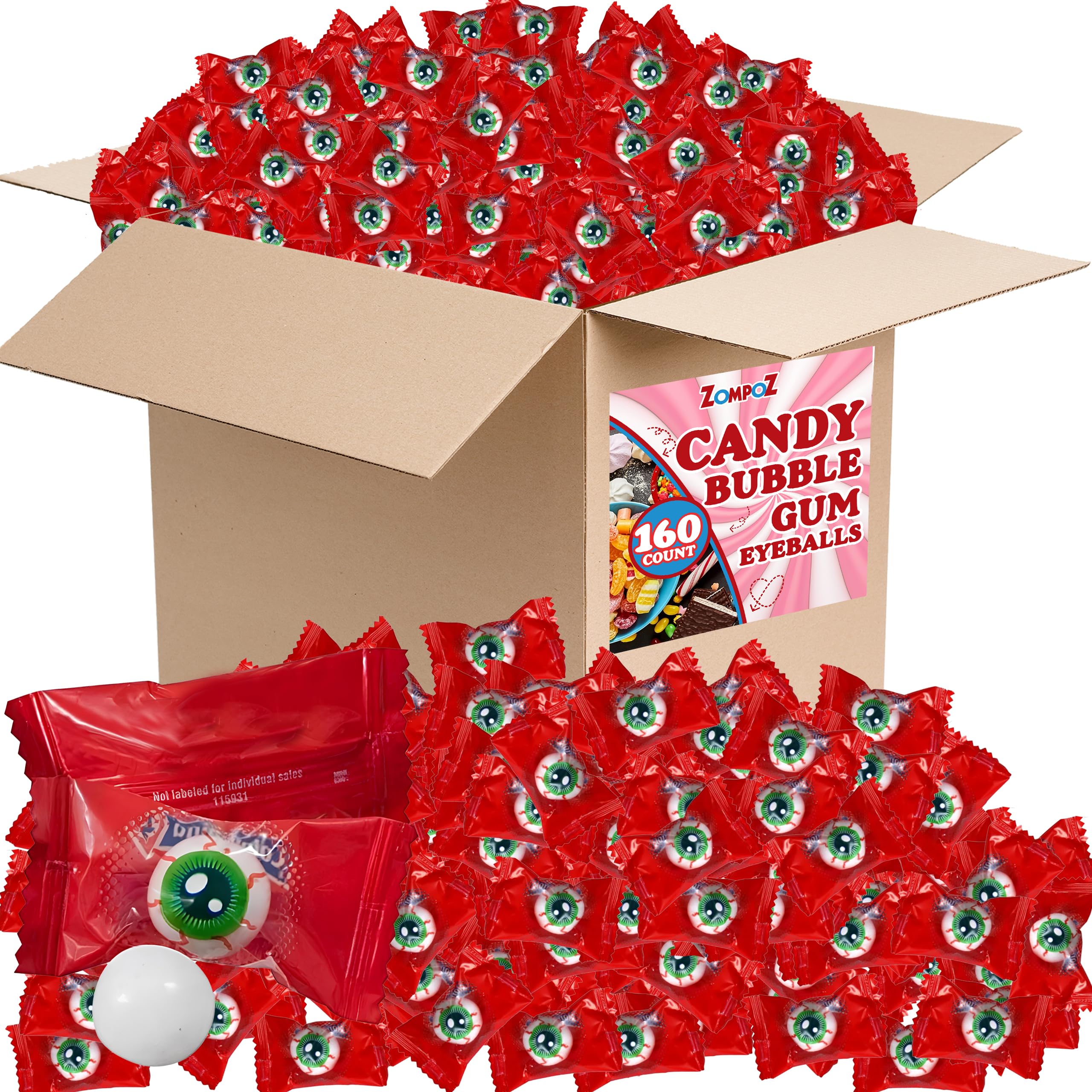 Bubble Gum Eyeballs Candy, Bulk 160 Count Individually Wrapped Eye-Like Shaped Bubble Gum Balls, Edible Eyeballs, Birthday Party Bag Filler, Tutti Frutti Flavored Kids Candy