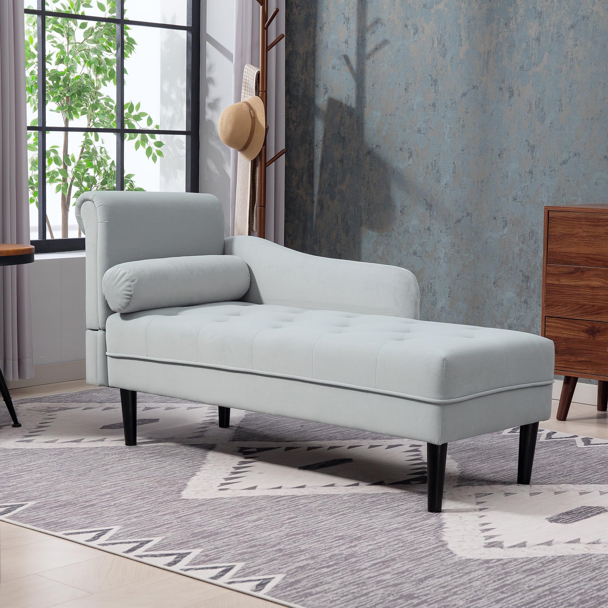 HOMCOM Chaise Longue Trapuntato con Cuscino e Bracciolo Sinistra in Velluto, Divano Imbottito, Poltrona Chaise Longue con Gambe in Legno Massello per Soggiorno, Ufficio e Salotto, Grigio
