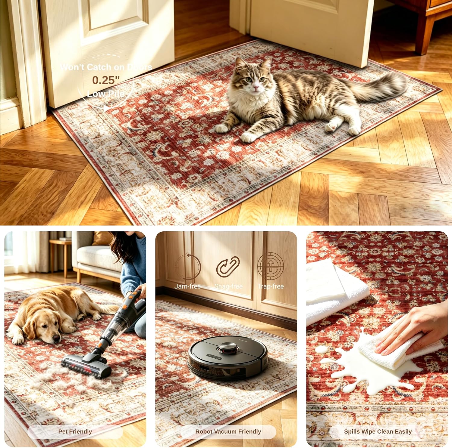Red 2x6 Washable Runner Rug for Hallway Kitchen Bedroom Laundry Bathroom, Non Slip Low Pile Stain Resistant Soft Faux Wool, Pet & Kids Friendly