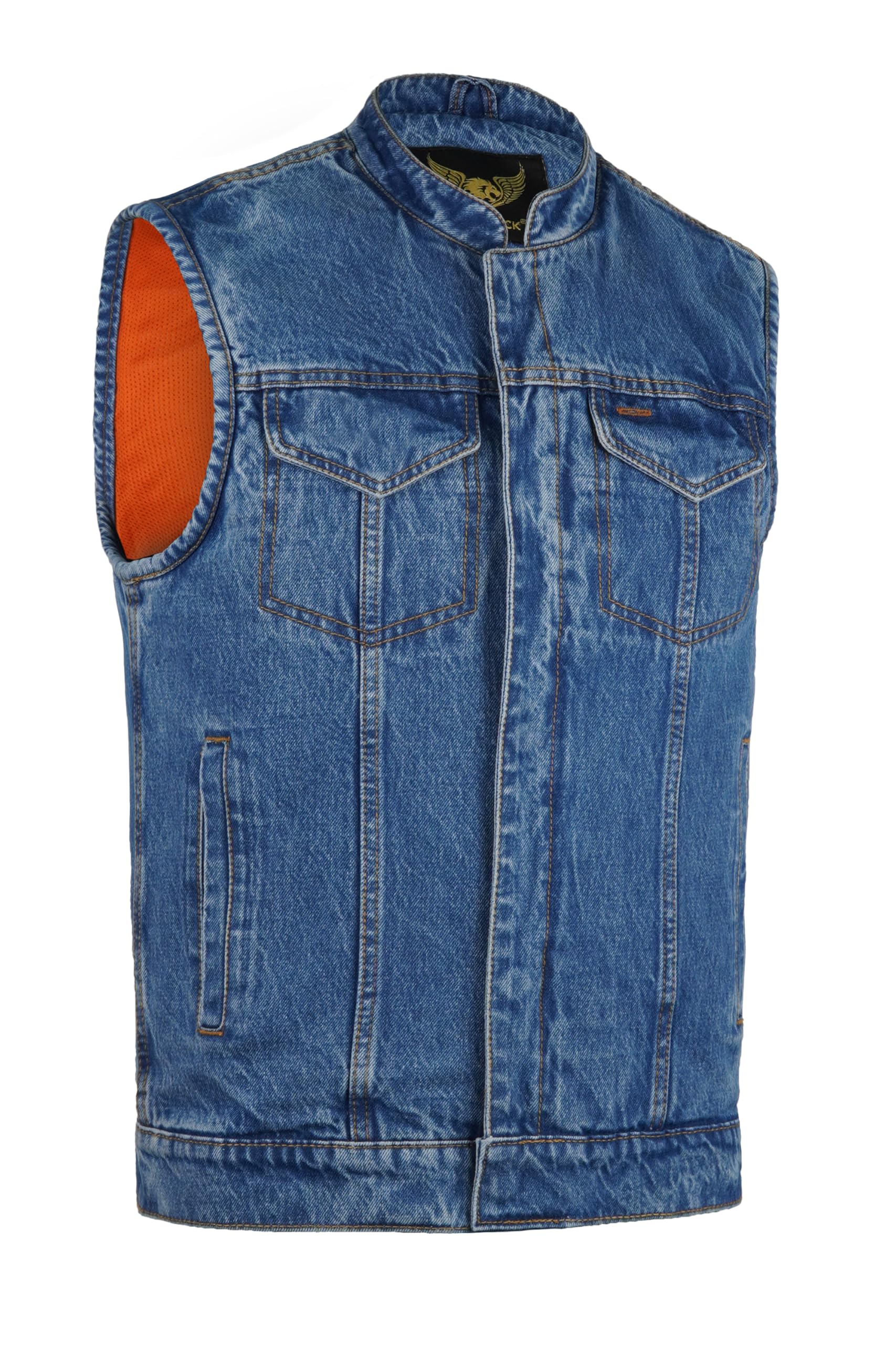 Leatherick Gilet da motociclista da uomo in denim pesante con interno traspirante, gilet da motociclista a doppia chiusura con tasche per il trasporto nascoste (IT, Testo, S, Regular, Regular, Blu)