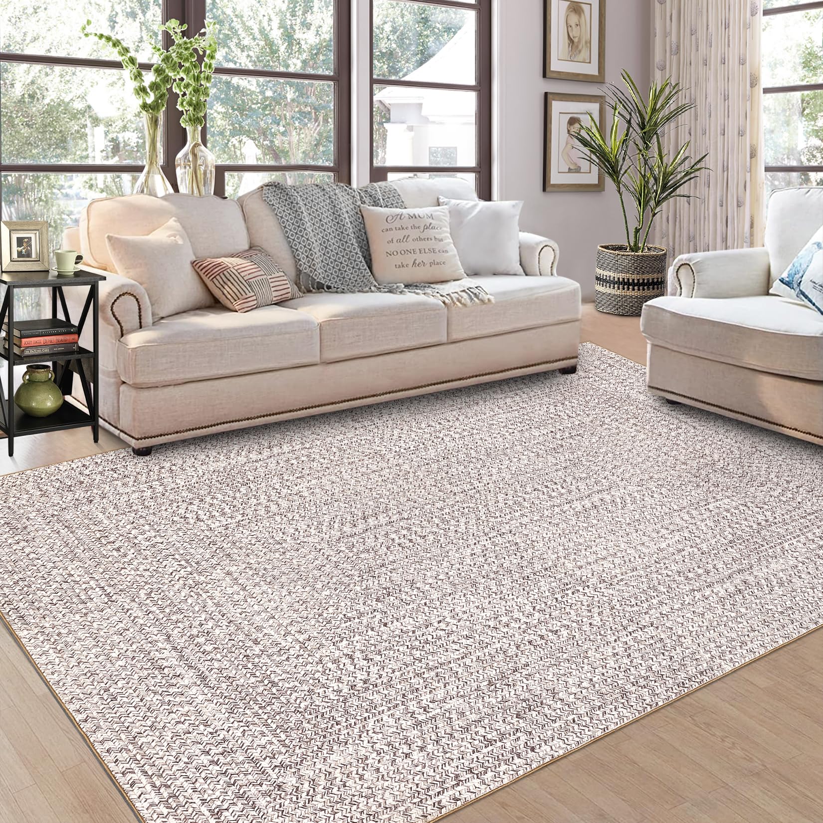 area rug 10x13 extra large rug print braided machine washable rug for living room stain resistant non-slip carpet farmhouse solid printed textured floor cover for home, beige/grey