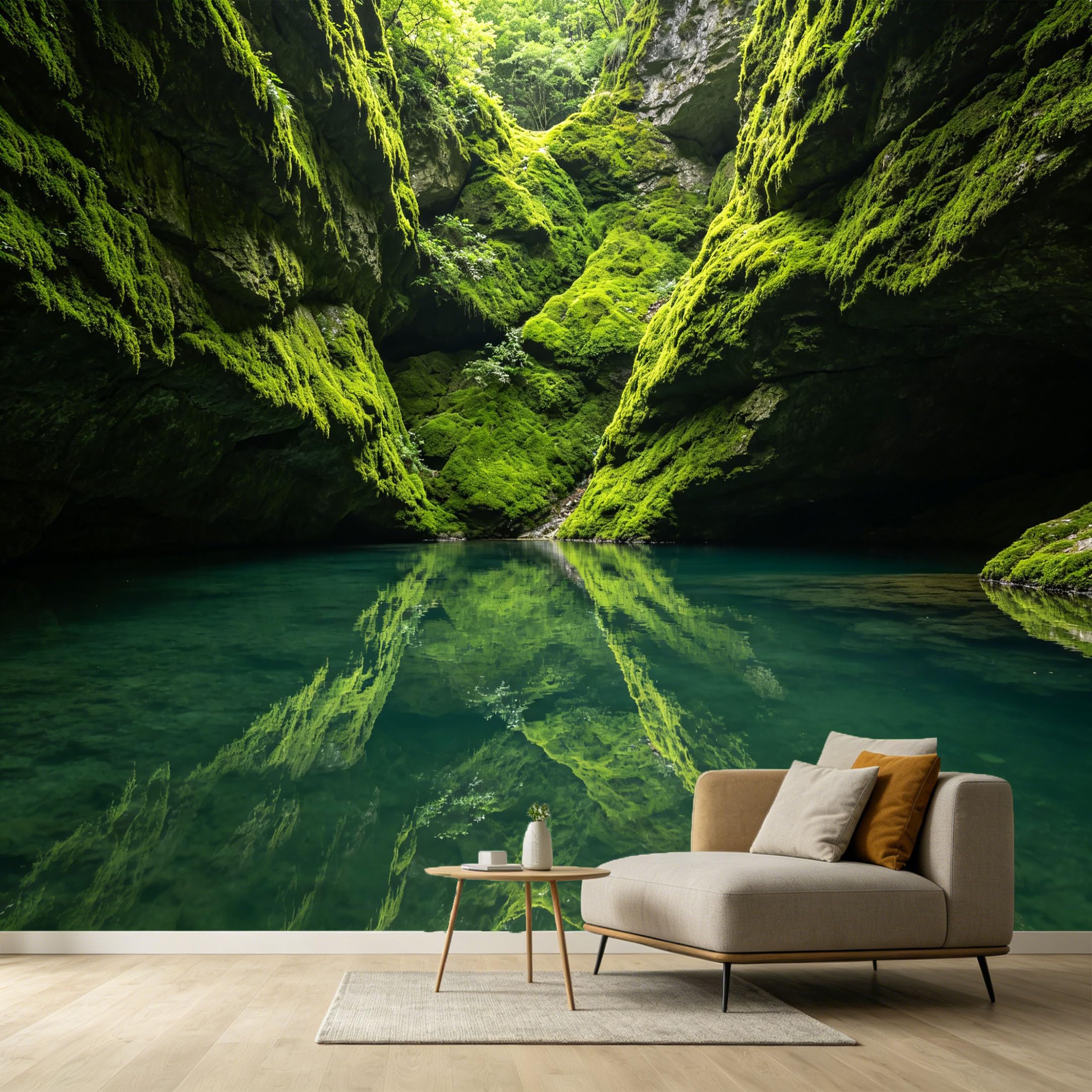 Custom Size Wall Murals Green Mossy Stone Cliffs Tranquil Water Reflection Landscape SelfAdhesive Wall Fabric Removable Large Wallpaper for Photo Living Room