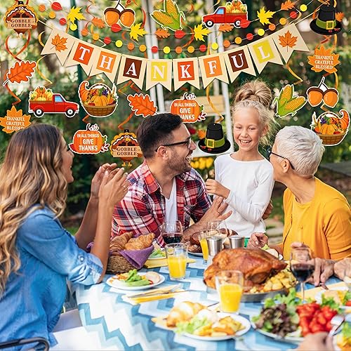 Miniatura 7 de Decoración de Acción de Gracias, pancarta colgante de remolinos, pancarta con texto en inglés "Thankful", decoración de pavo, hoja de arce,