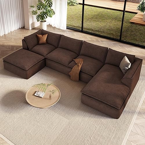 Vesgantti 141.7" U Shaped Boneless Sectional Couch, Modern 6 Seater Modular Sofa with Chaise & Ottoman, Deep Seat Corduroy Cloud Couches for Living Room, No Assembly Required, Dark Brown