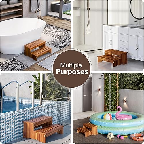 Miniatura 6 de TINAMO Taburete de 25 pulgadas de largo para adultos y niños, taburete de dos escalones de madera de acacia, 500 libras, elevador de madera, 2