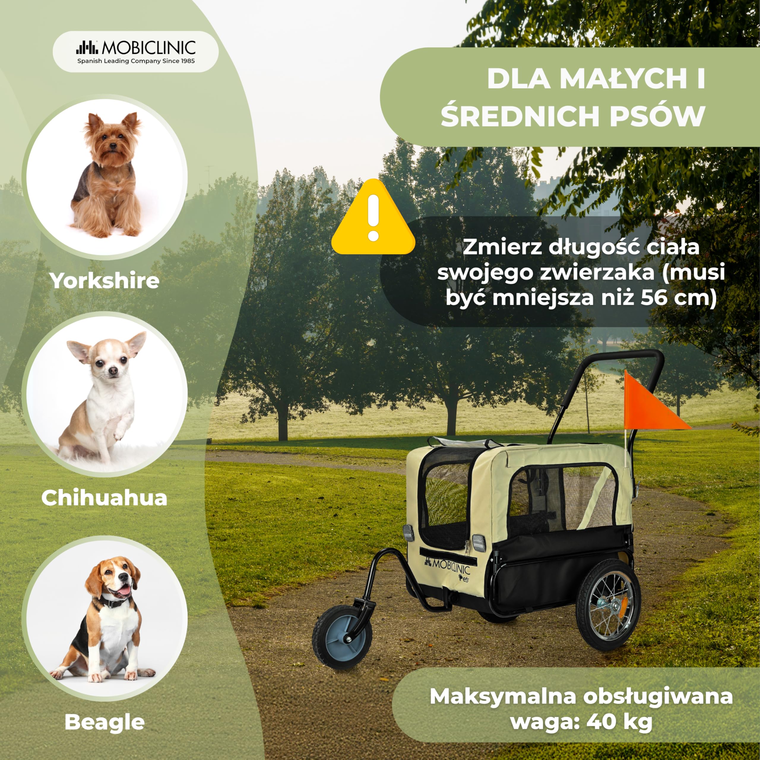 Mobiclinic®, Przyczepka Rowerowa dla Psa + Wózek Transportowy, 2 w 1, Do 40 kg, Wodoodporna Osłona, 123x67x100 cm, Flaga i Odblaski, Oxford 600D, dla Psów Małych i średnich