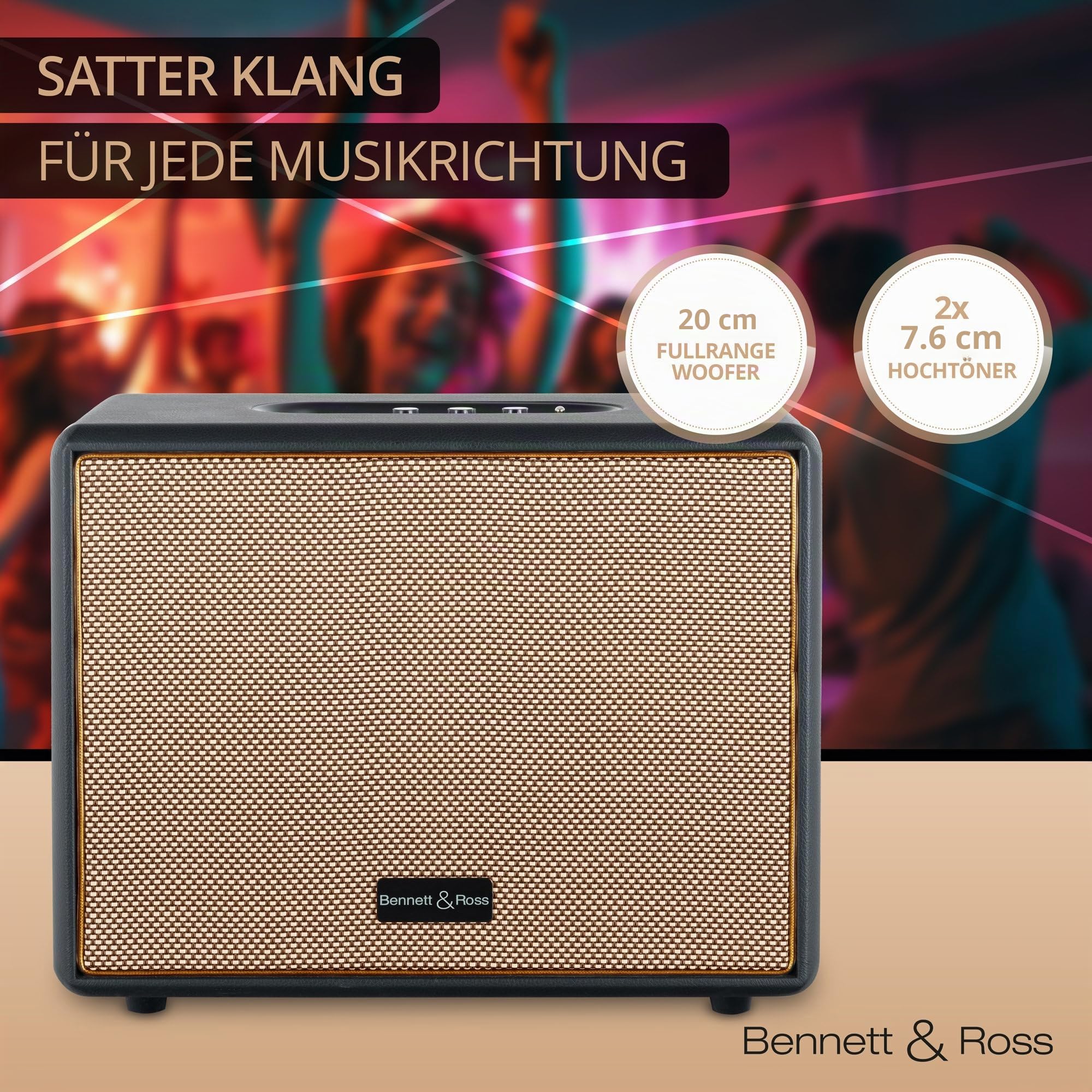 Bennett & Ross BB-880BK Blackmore Giant Haut-Parleur Bluetooth rétro en Cuir - Haut-Parleur Vintage avec 2X 40W - Speaker Entrée USB avec Lecteur MP3 - Fonction stéréo True Wireless - aux-in - Noir