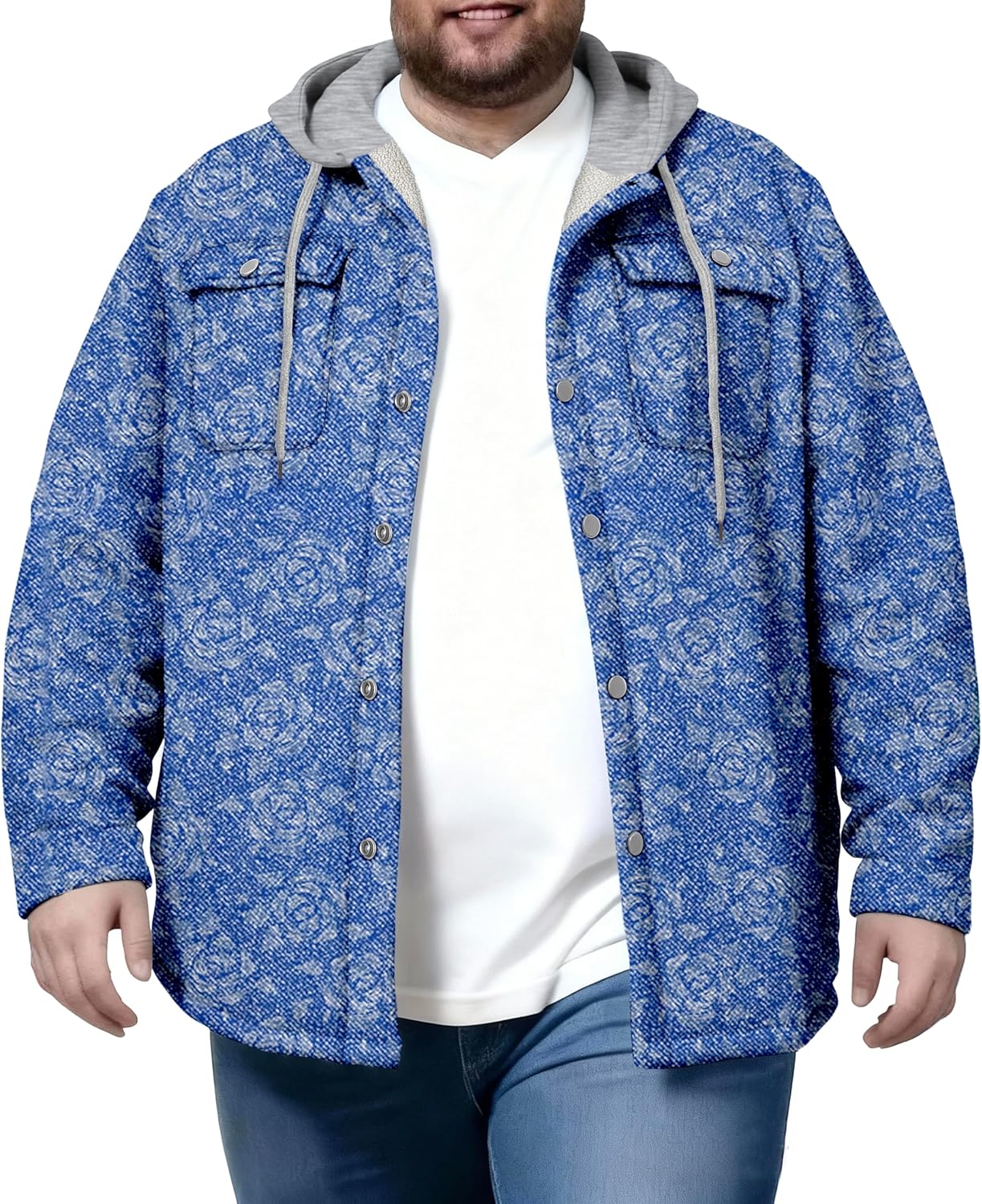 Sherpa Fleece Hooded Jacket Big and Tall Men Flannel Jackets Coat Button Winter Quilted Outwear, 2XL-8XL