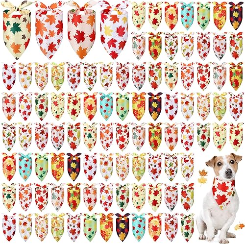 Miniatura 13 de Chunful 100 piezas de bandanas para perros de Acción de Gracias a granel, bandanas para mascotas de otoño con patrones de hojas, bufanda triangular,