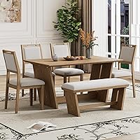 Vista 8 de Merax Juego de comedor retro de 6 piezas, 1 mesa rectangular con base de mesa trapezoidal estable y 4 sillas tapizadas y 1 banco para comedor