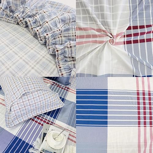 Miniatura 20 de Brandream Sábanas de tamaño individual 100% algodón, juego de sábanas a cuadros blancos y azules con bolsillos profundos de 18 pulgadas Blanco Azul