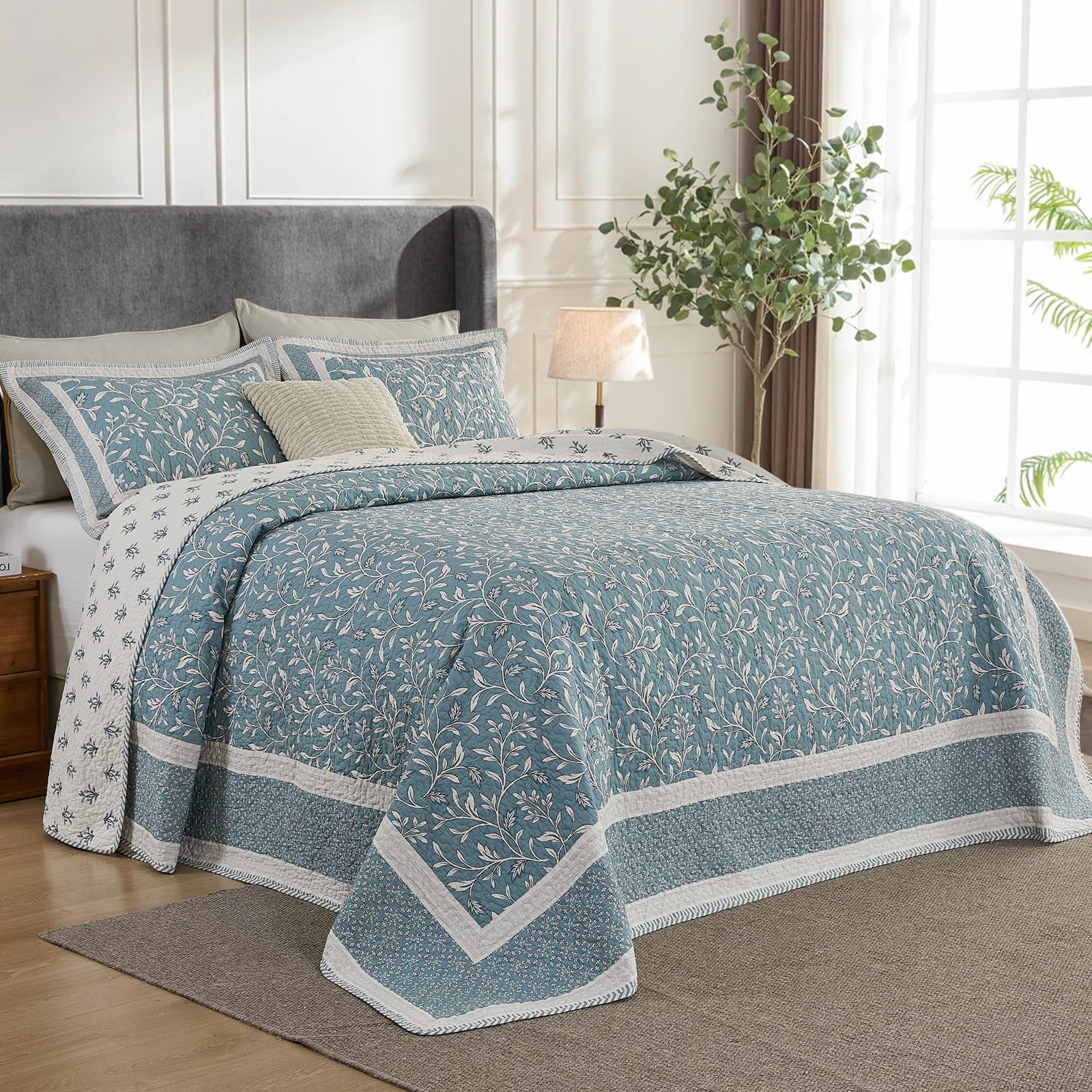 SOElinens Oversized King Bedspreads 120x120 - Botanical Floral Farmhouse Reversible California King Quilt Set, Lightweight Thin Comforter Coverlet, 3pc, 100% Cotton, Cal King, Soft Aqua Blue