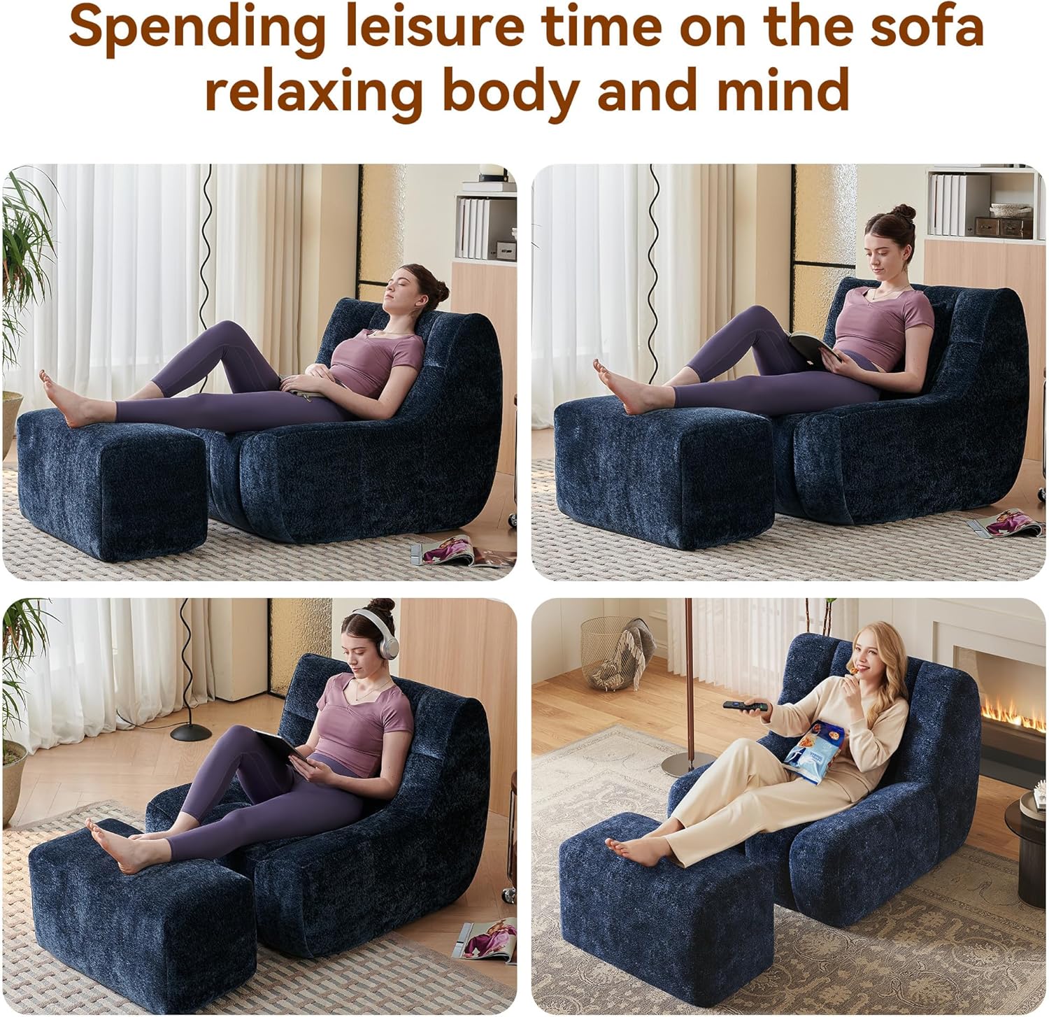 Bean Bag Chair, Giant Bean Bag Couch for Adults and Kids with Memory Foam, Comfy Reading Chair for Bedroom, Living Room, Ultra Soft & Back Support, with Footrest，(Blue)