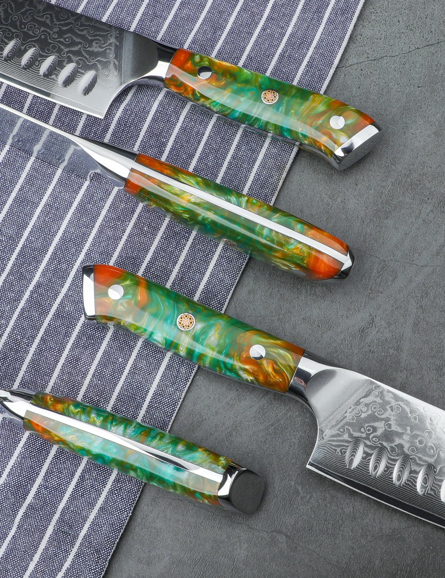 Ensemble de couteaux de chef - Set de couteaux de cuisine de 5 pièces - Acier de Damas VG10 ultra-tranchant et manche en résine - Série Xuan(Orange Fantastique)