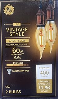 (2 Bulbs) GE Vintage Amber Glass LED Chandelier Bulb, Candelabra Base, 60 watt Equivalent, 400 lumens, Dimmable Decoractive LED Bulb