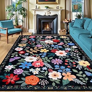 8x10 Area Rugs for Living Room: Washable Rug Vintage Large Soft Boho Floral Non-Slip Carpet Indoor Floor Stain Resistant Thin Carpets for Bedroom Dining Room Farmhouse Nursery Home Office Black