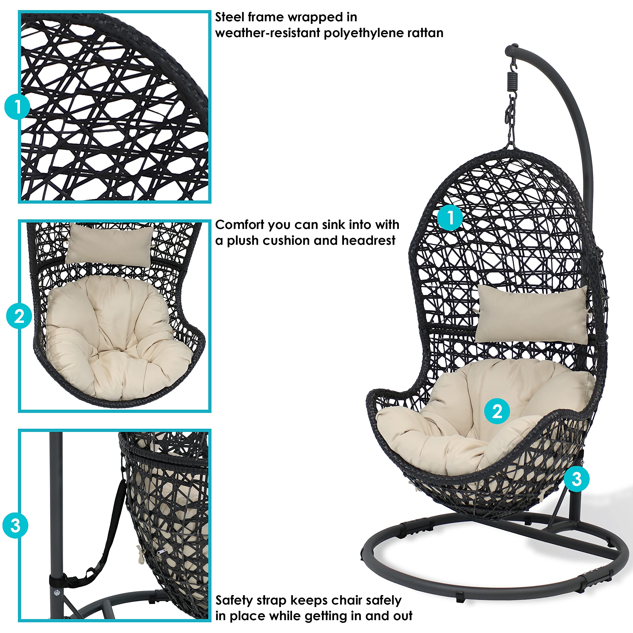 Sunnydaze Cordelia Hanging Egg Chair Swing with Steel Stand Set Resin