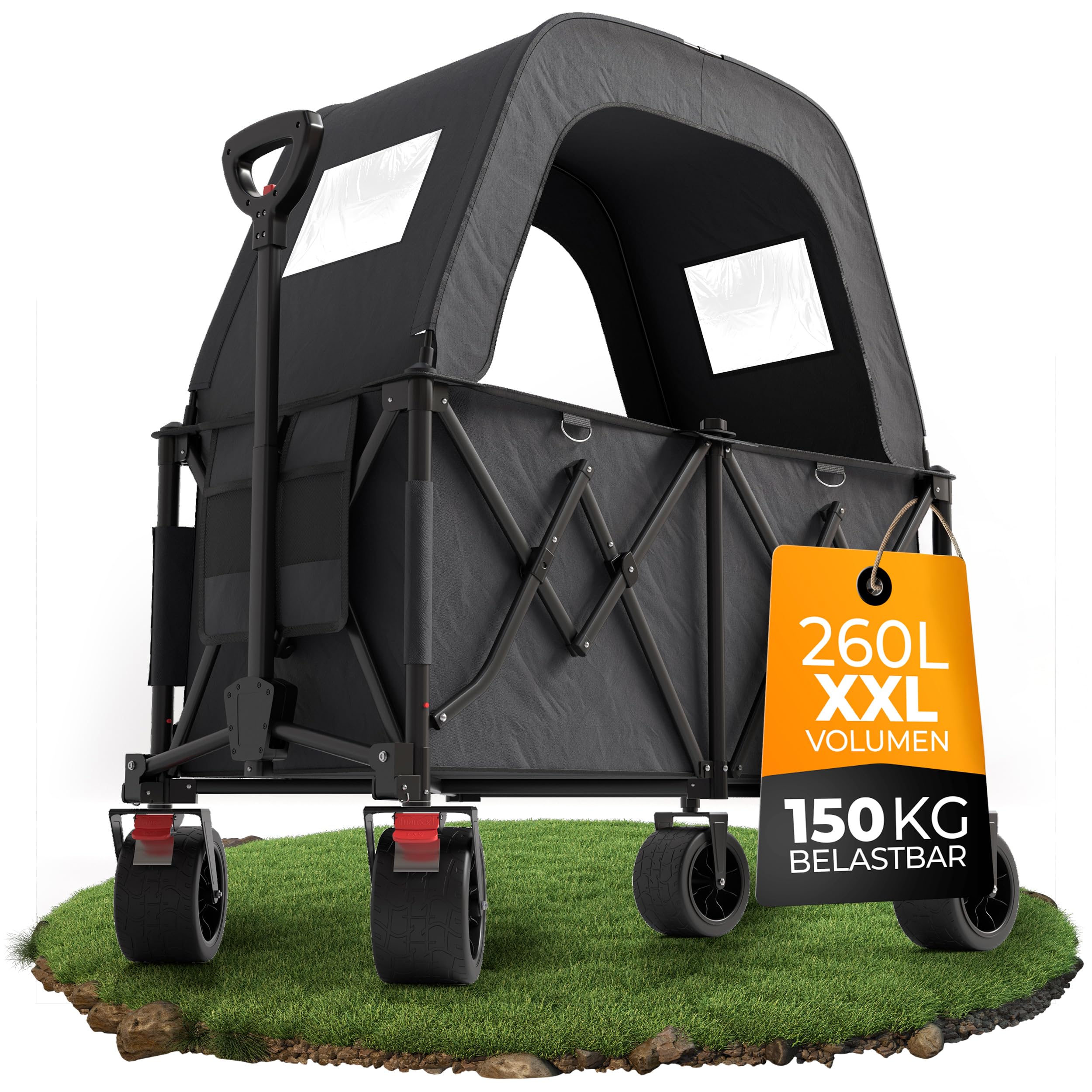 BigDean XXL Bollerwagen faltbar mit Dach 260L belastbar 150kg Dicke Reifen | Robuster Bollerwagen faltbar extra breite Reifen für jedes Gelände