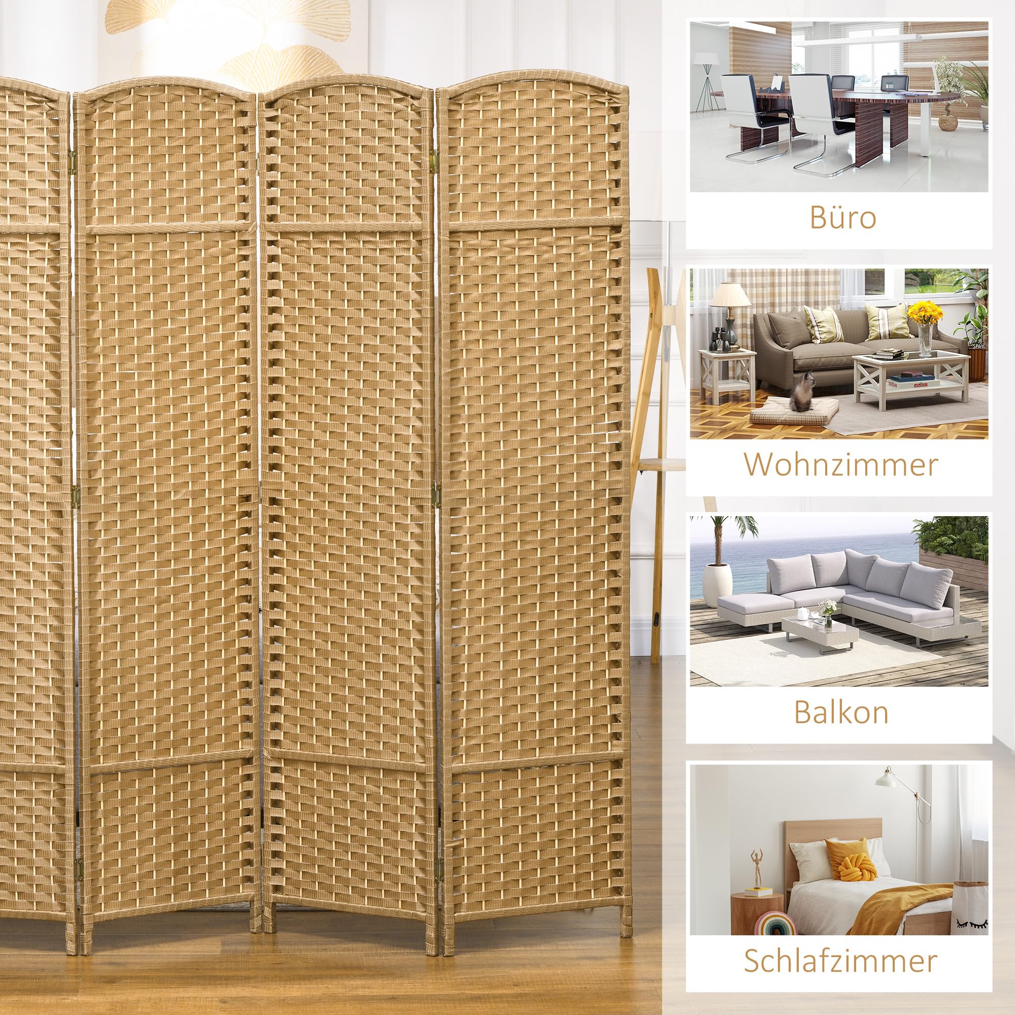 HOMCOM Paravent 4 pièces 160 x 170 cm Paravent pliable en bambou Brise-vue Cloison de séparation pour salon Naturel