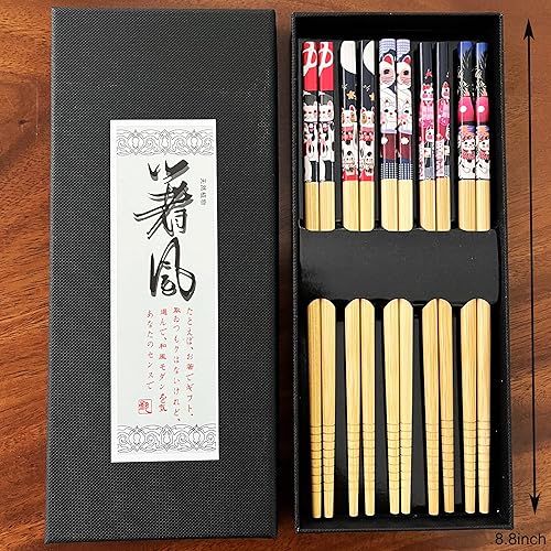 Miniatura 5 de MIUFA Juego de 5 pares de palillos naturales de bambú con diseño de gato de la suerte y palillos de estilo japonés