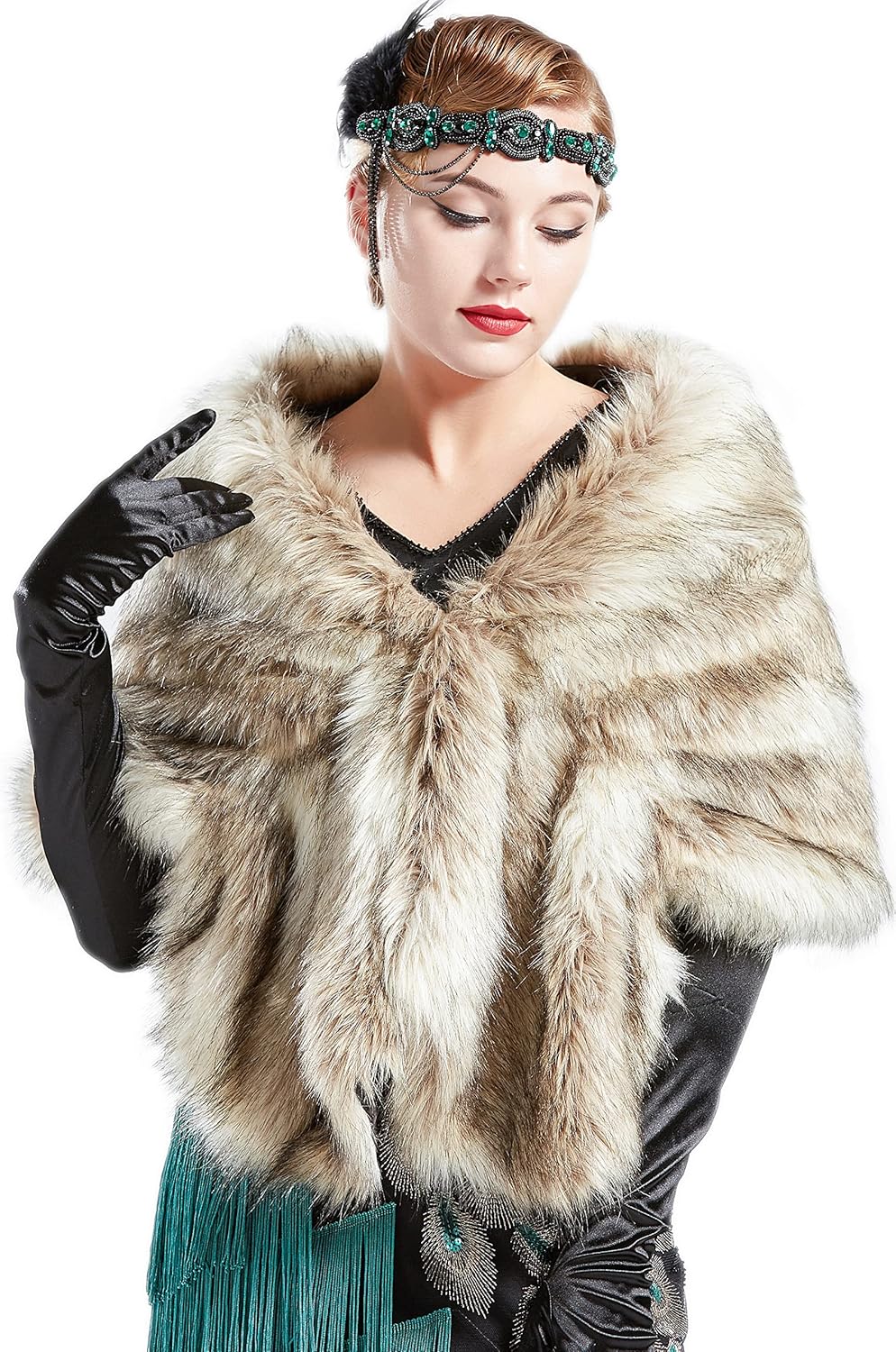 BABEYOND Womens Faux Fur Collar Shawl Faux Fur Scarf Wrap Evening Cape for Winter Coat - Image 2