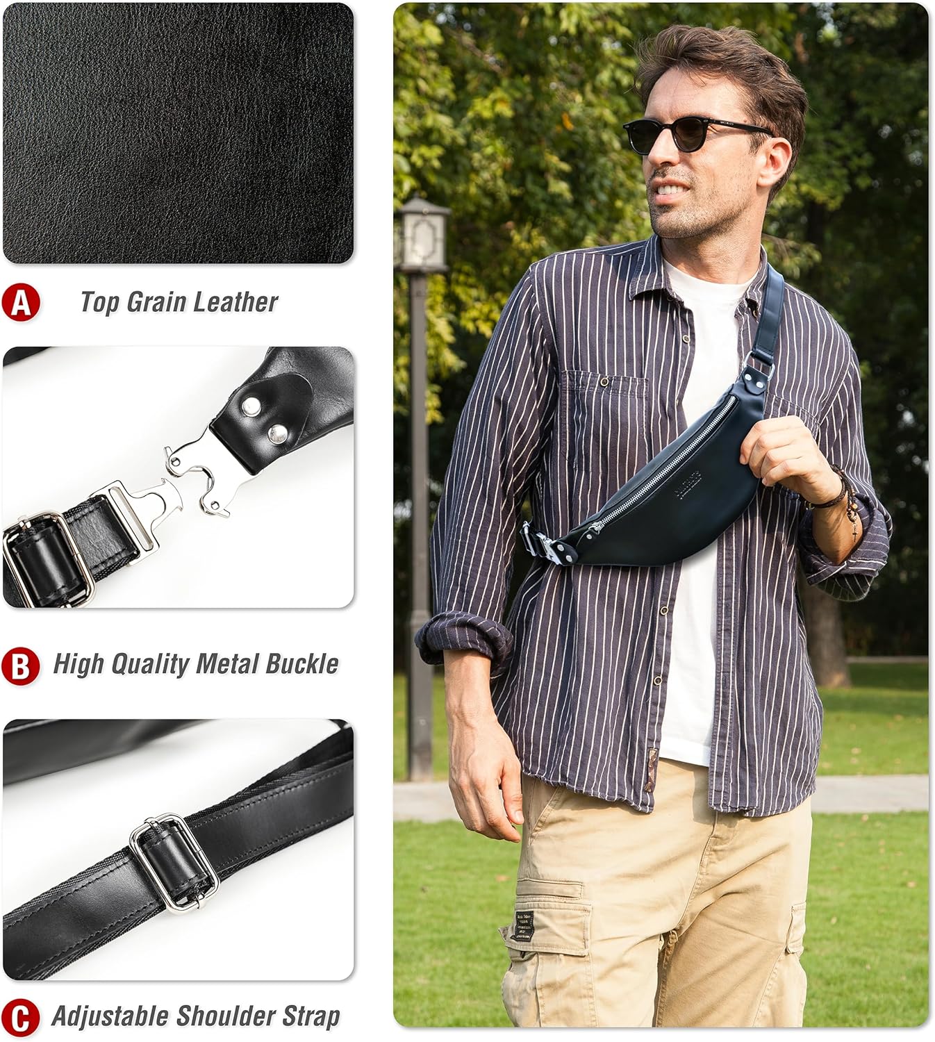 Top Grain Genuine Leather Slim Waist Pack for Man & Woman, Minimalist Vintage Design, Handmade with Detachable Hardware, Slim Fanny Pack Small Crossbody Belt Bag for Traveling or Riding, Glossy Black - Image 5