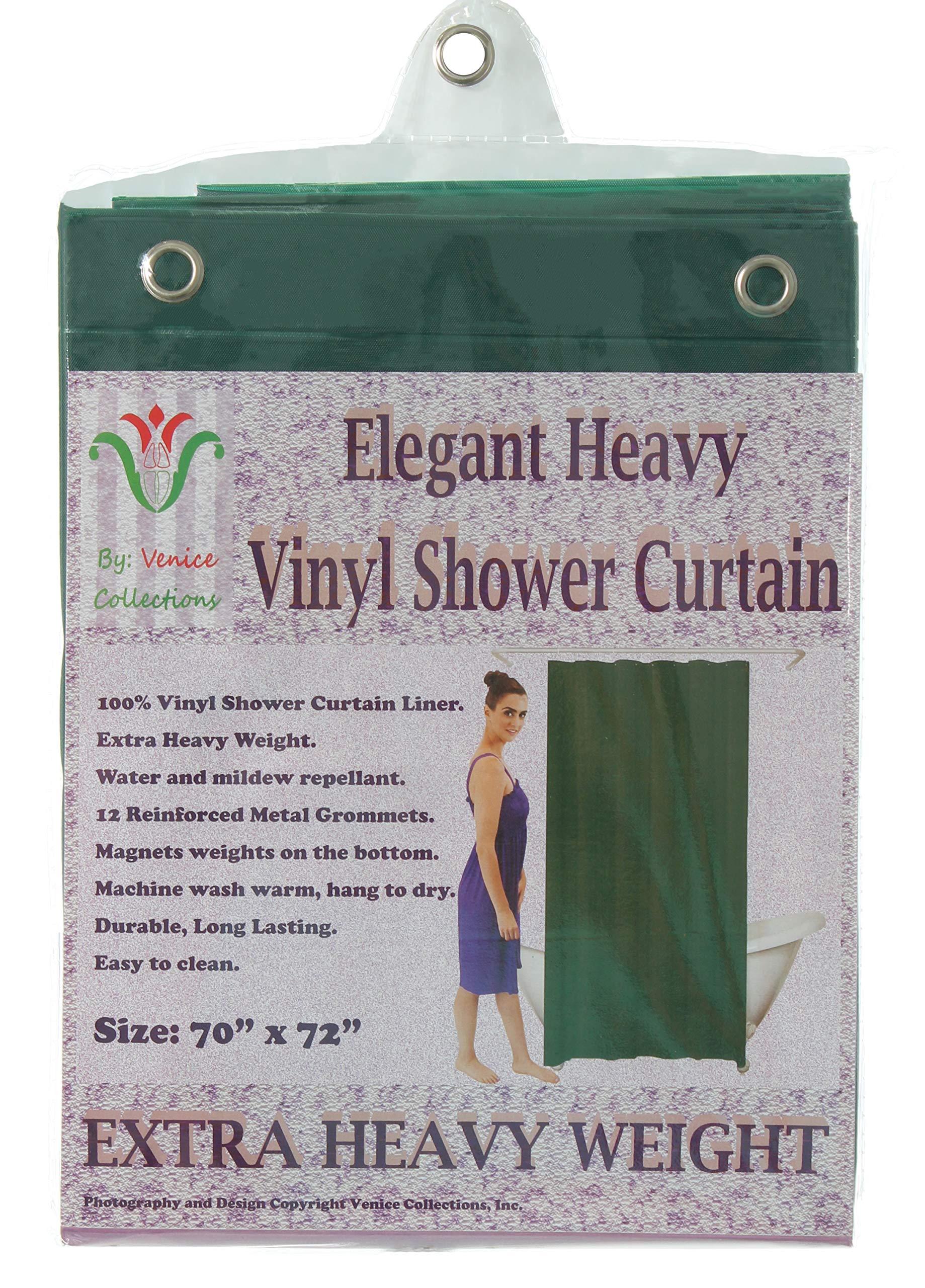 Venice Elegant Home Heavy Duty Vinyl Shower Curtain Liner with 12 Metal Eyelets Dark Green, W 70" x L 72" (1 Panels) - Image 2