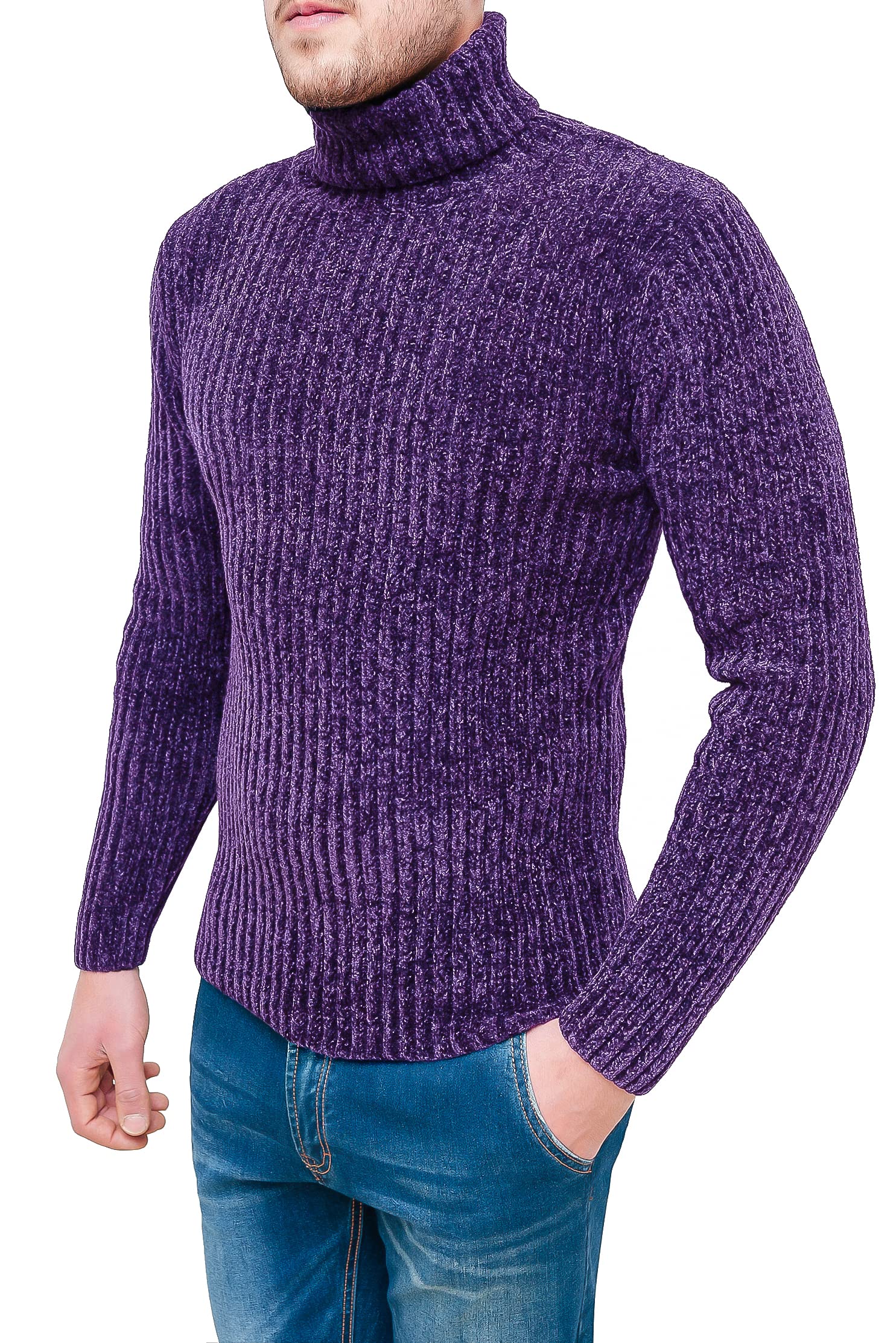 Pull col roulé pour homme chaud pull d'hiver en chenille aubergine S