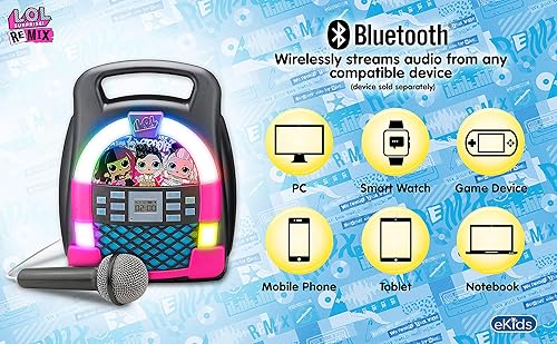 Miniatura 3 de Remix OMG Máquina de karaoke Bluetooth Reproductor de MP3 portátil con espectáculo de luces LED de discoteca, almacena horas de música con memoria