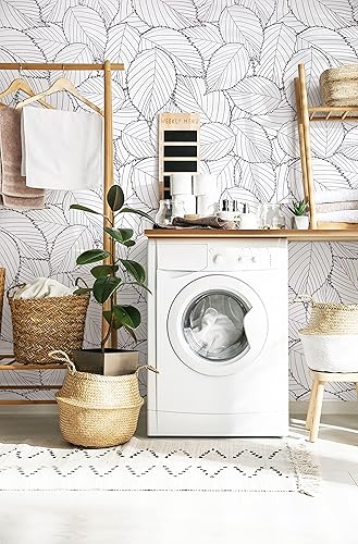 Miniatura 5 de Kitico Papel tapiz de hojas grises de 17.7 x 197 pulgadas, papel tapiz moderno de hojas grises para despegar y pegar, extraíble, autoadhesivo, papel