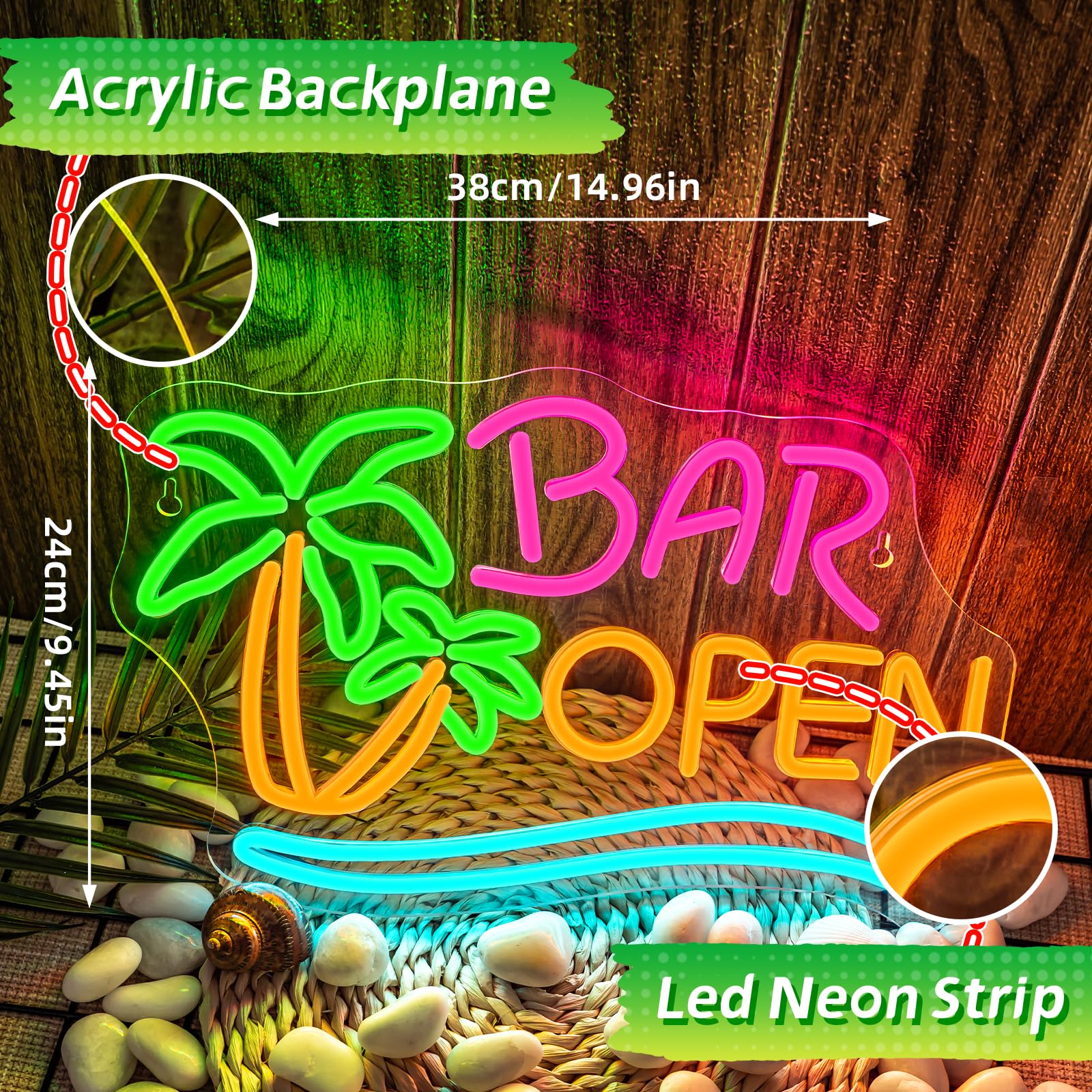Bar Open Palme Neon Schild Dimmbar für Wanddekoration, Neon Sign Zeichen Licht Open, Leuchtschild Wand Dekor für Bar,Taverne,Clubs,Partys,Geschenk