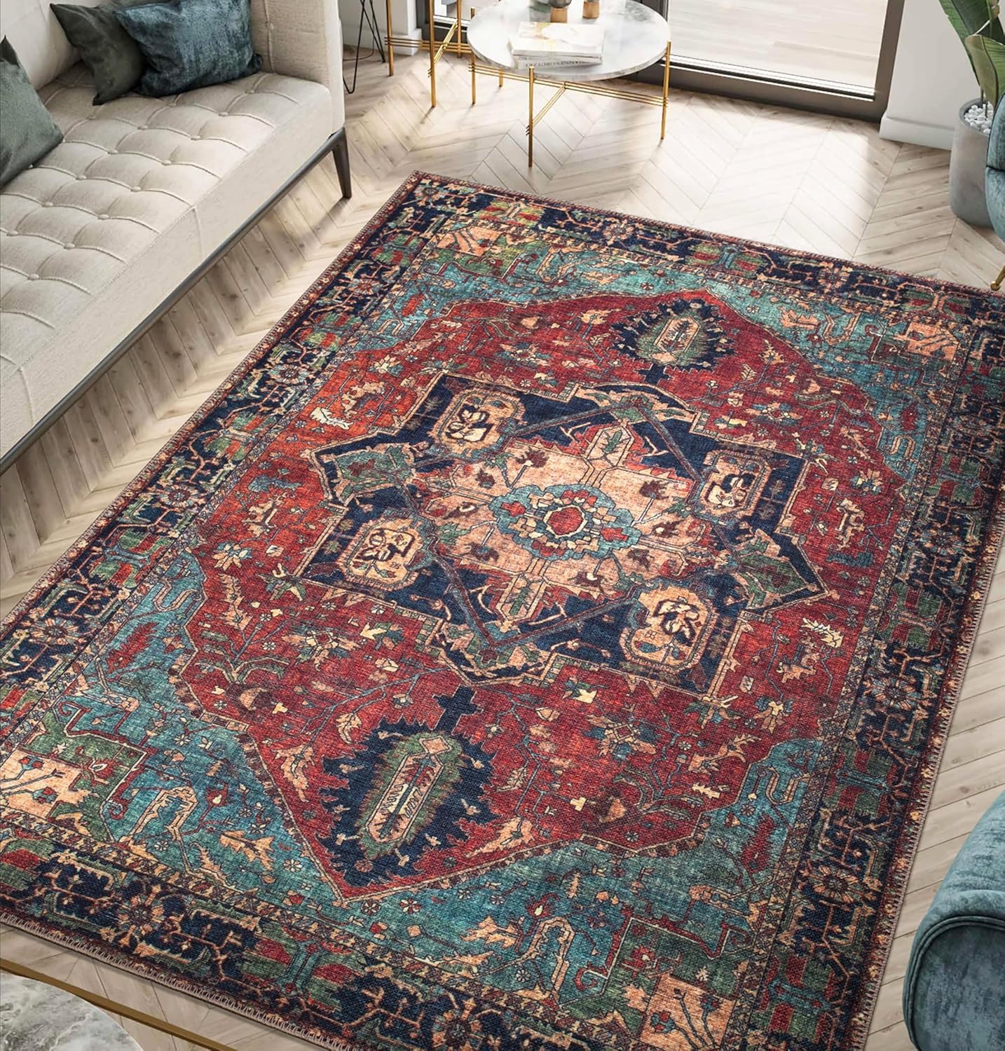 Tapis rouge traditionnel pour salle à manger et chambre grande taille