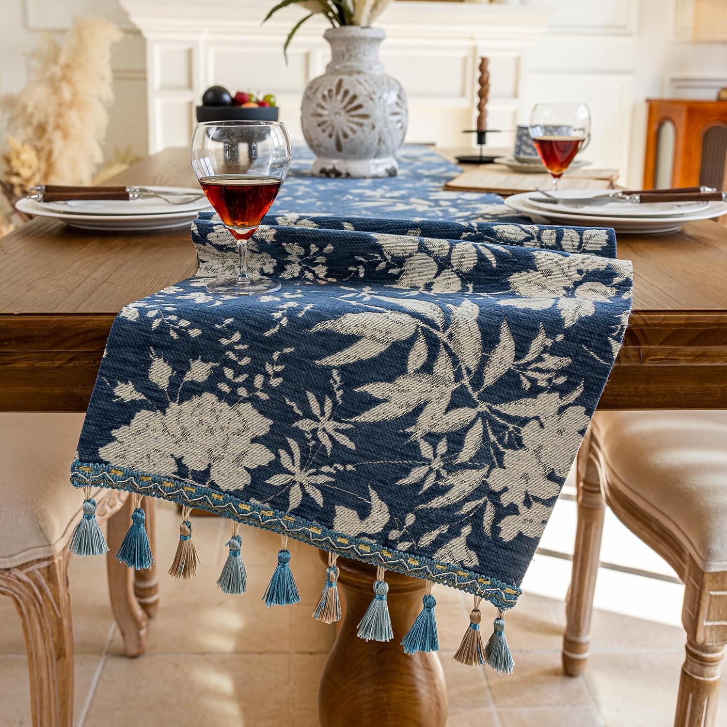 Chenille Table Runner 14 x 71 Inch – Luxury Embroidered Jacquard with Tassels, Fall Thanksgiving Christmas Table Decor for Dining Room, Fireplace, Party (Blue Floral Garden, 13.7"x71")