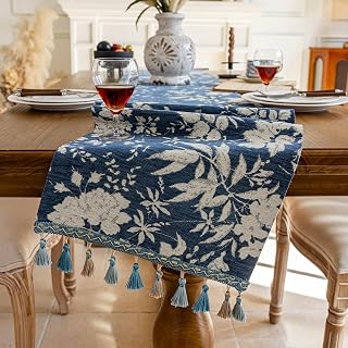 Chenille Table Runner 14 x 71 Inch – Luxury Embroidered Jacquard with Tassels, Fall Thanksgiving Christmas Table Decor for Dining Room, Fireplace, Party (Blue Floral Garden, 13.7"x71")