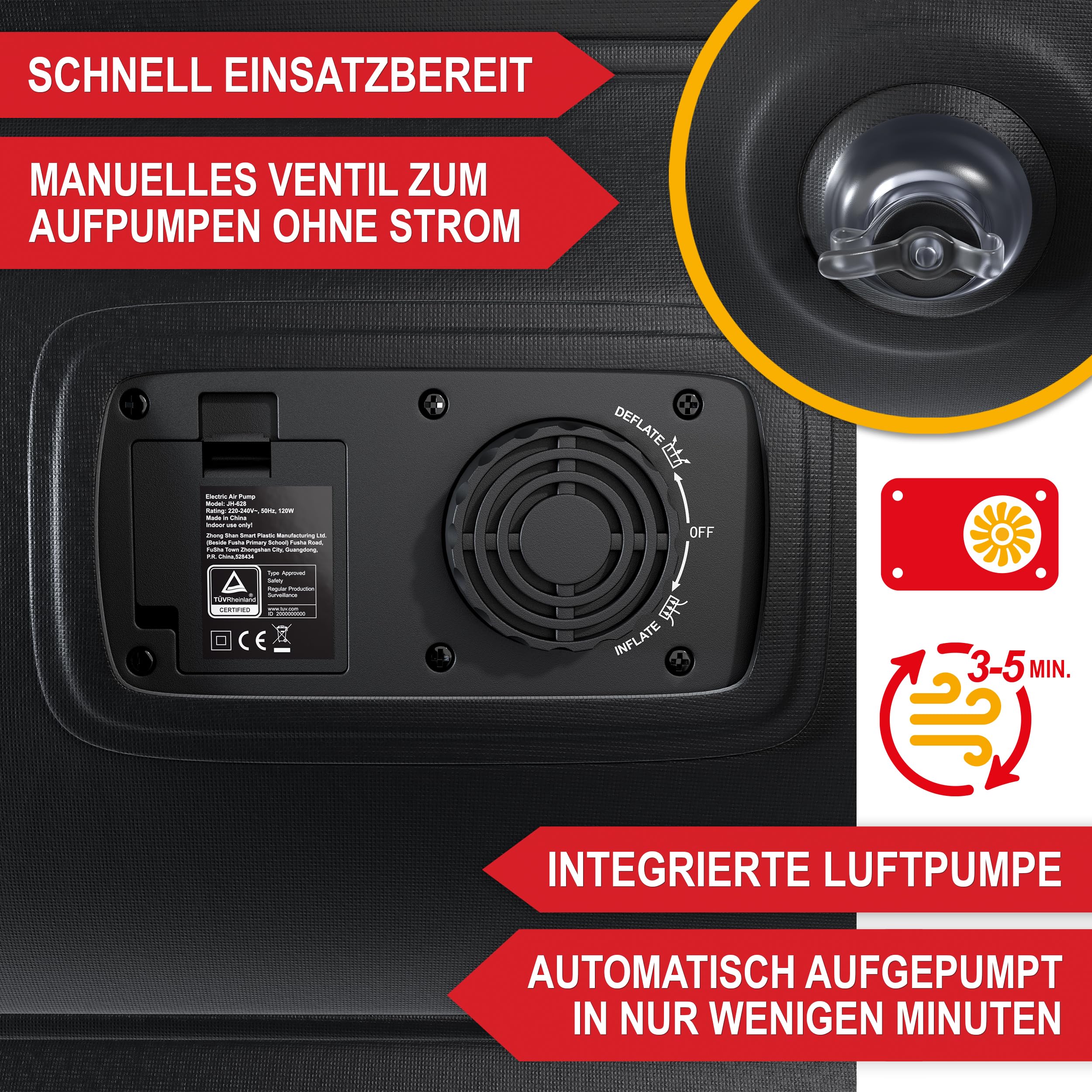 Onbest Luftbett selbstaufblasend – für 2 Personen – 203 x 152 x 46 cm -Luftmatratze mit elektrischer Pumpe – aufblasbares Gästebett in 3-5 Minuten – integriertes Kopfkissen (Schwarz)