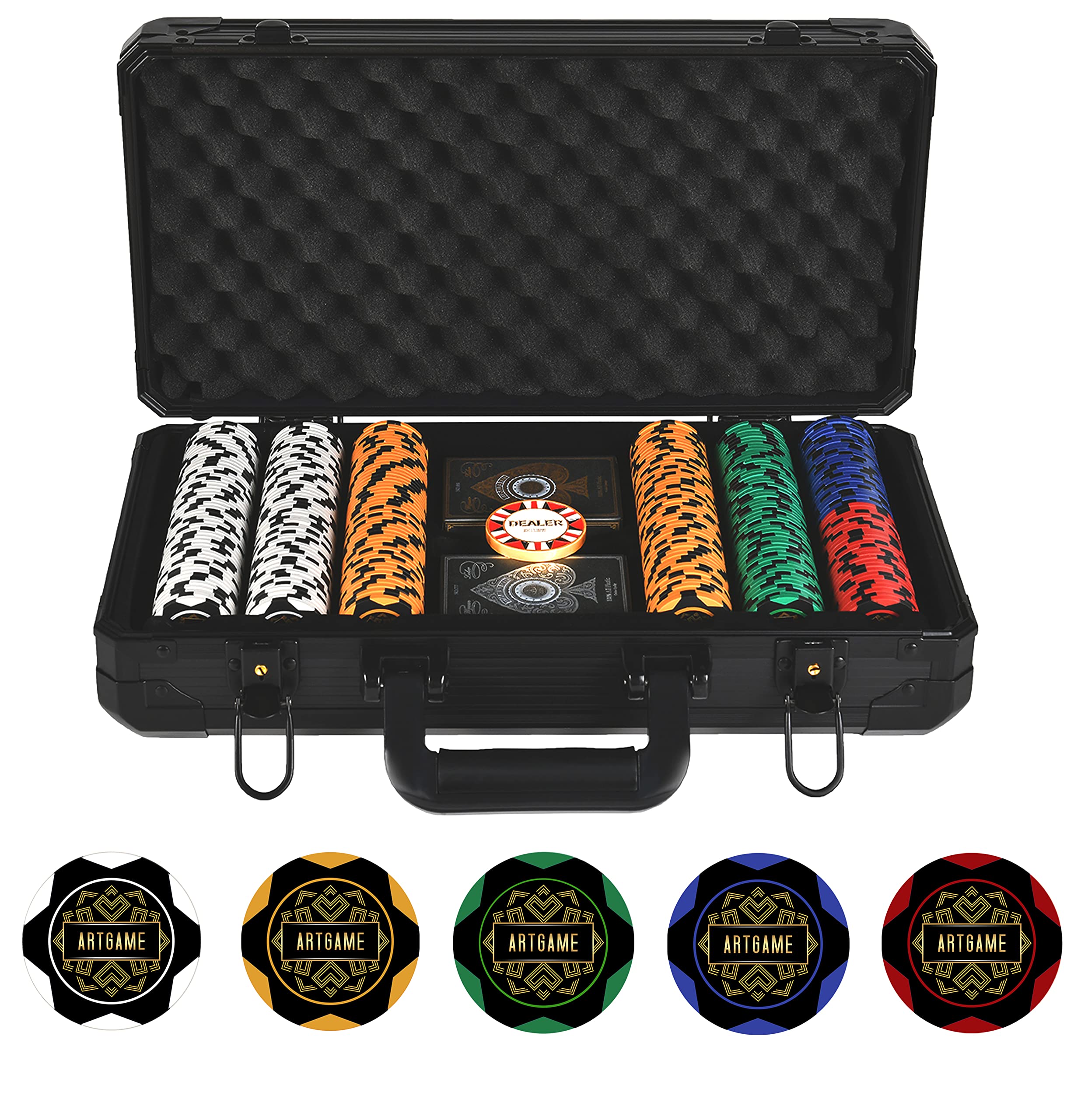 Photo 1 of Artgame 14 Gram Clay Poker Chip Set for Texas Hold’em, 300Pcs Casino Style Chips, with K-Type Aluminum Case and Dealer Buttons. 300 Blank Chips
