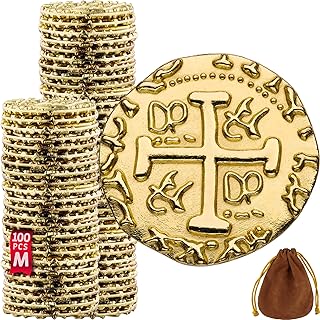 Metal Pirate Coins – 100 Gold Treasure Coin Set, Metal Replica Spanish Doubloons for Board Games, Tokens, Toys, Cosplay – Realistic Money Imitation for Treasure Chest – Medium Size 7/8 inch