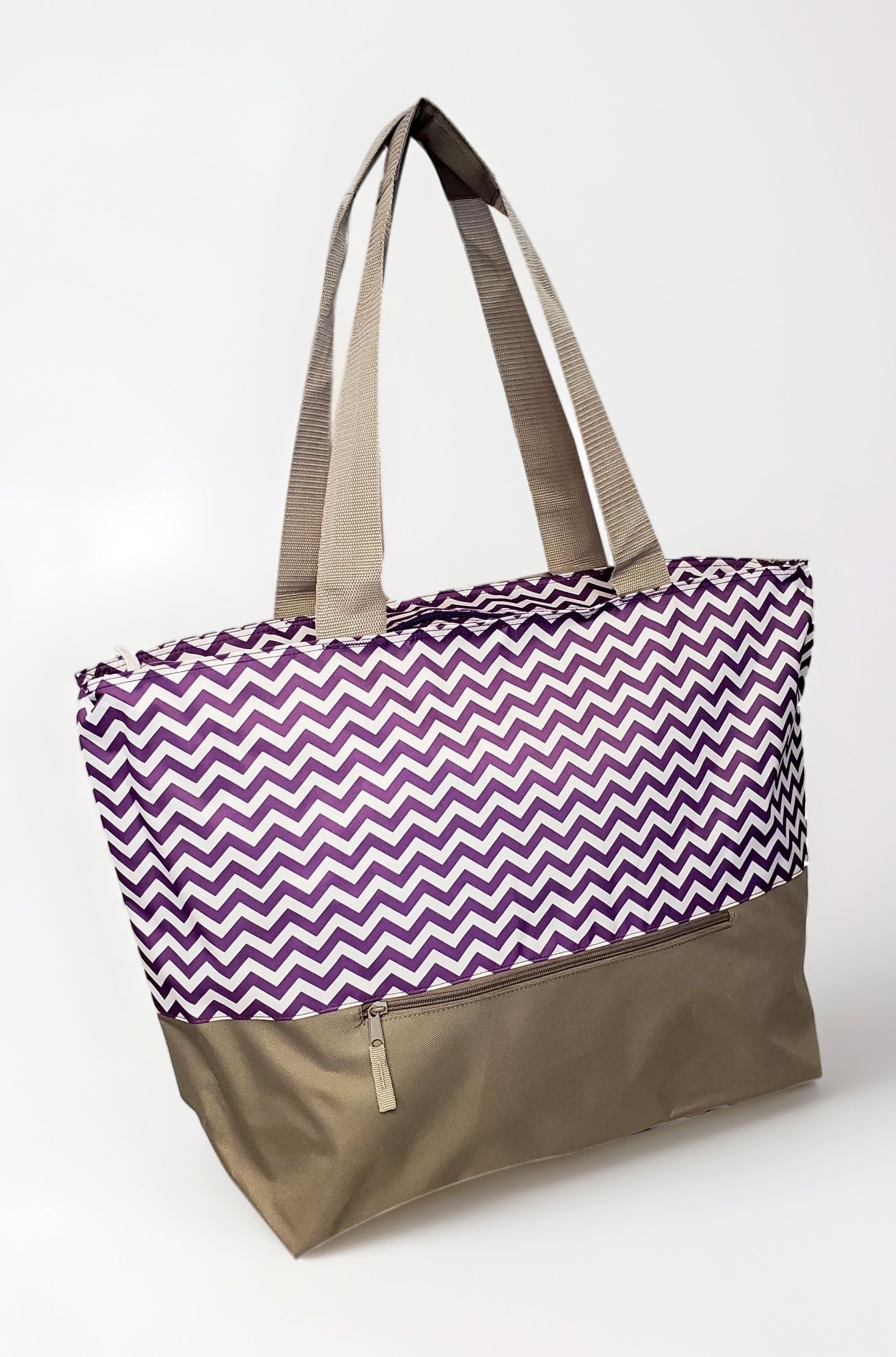 XL Beach Tote Chevron Print Weekender Bag with Mesh Webbed Handles and Outer Zippered PocketCan Be Personalized Purple